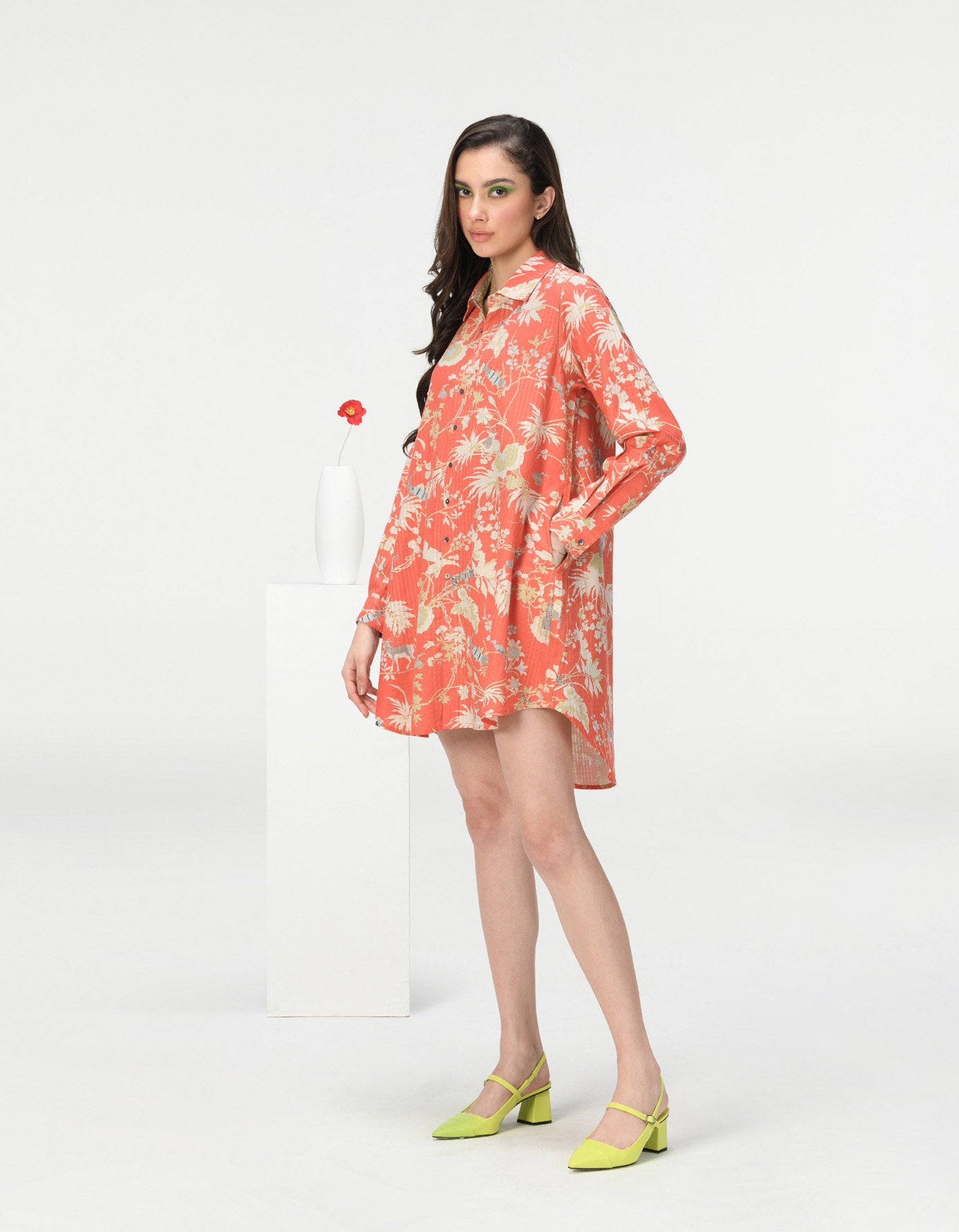 Oversized Cotton Silk Check Coral Shirt for Women - Casual Loose Fit Blouse for Summer, Beach, and Office Wear