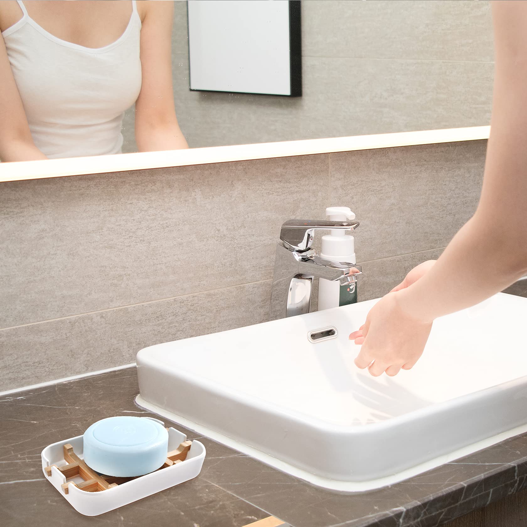 Eco-Friendly Bamboo Soap Dish Holder Set (2-Pack) - Removable Bathroom Soap Tray for Sink Countertop - Perfect for Bathroom, Kitchen & Travel Use