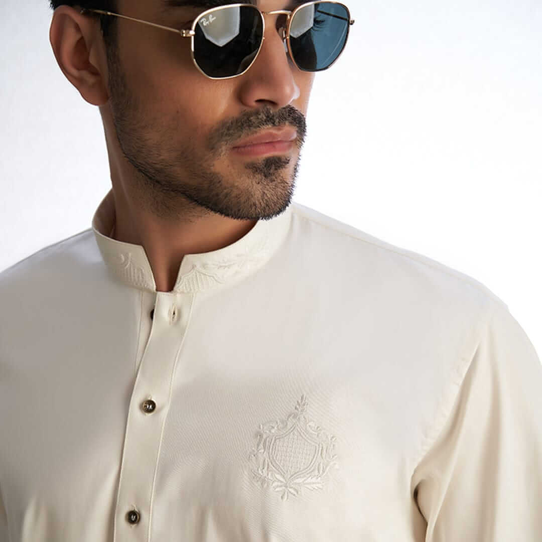 Ivory IronEz Fabric Kurta & Drawstring Trousers Set - Comfortable Cotton Ethnic Wear for Men - Perfect for Eid, Weddings & Festive Occasions