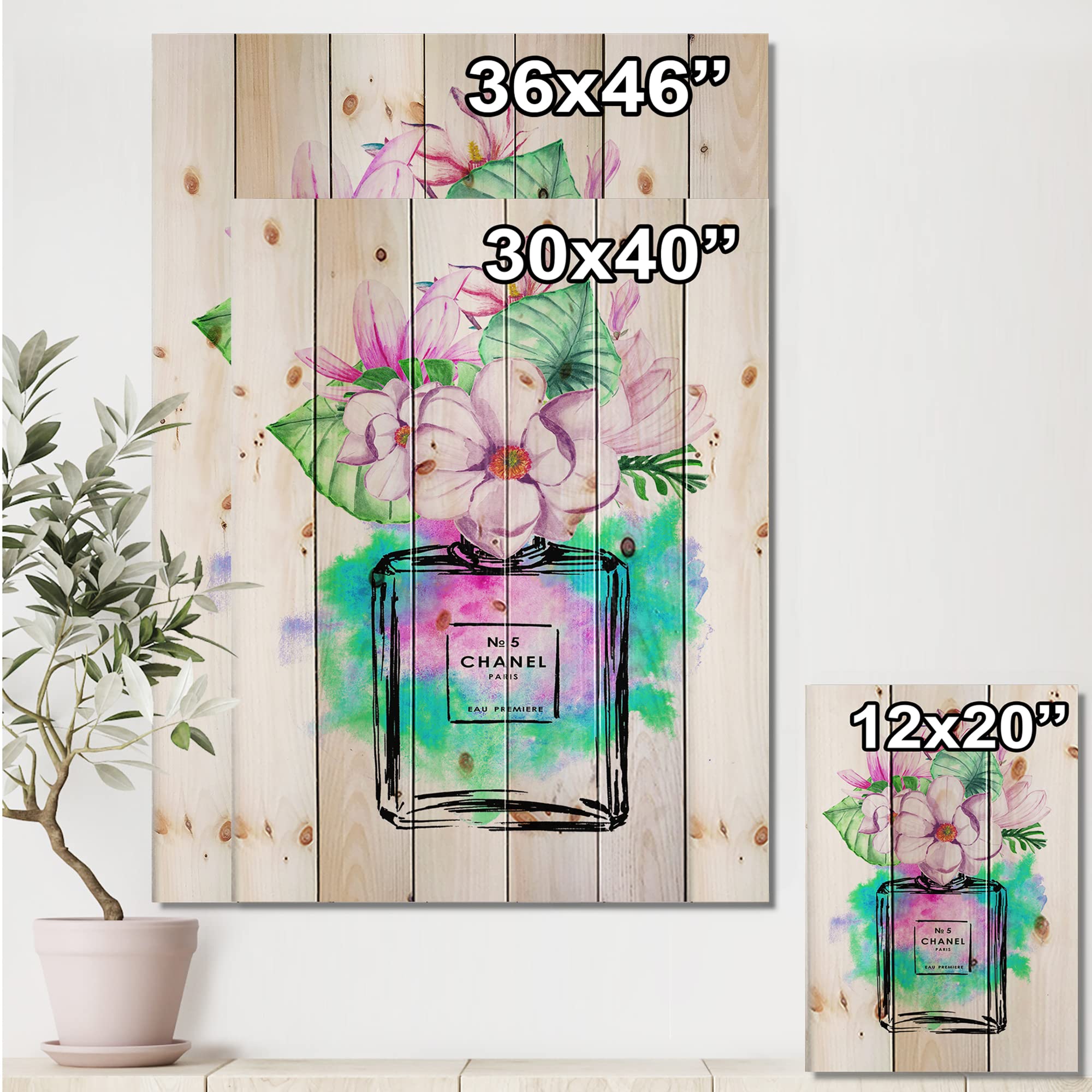DesignQ Chanel No.5 Inspired Perfume Wood Wall Art - Modern Pink Floral Decor, Large Pine Wood Wall Panel for Living Room, Bedroom & Office