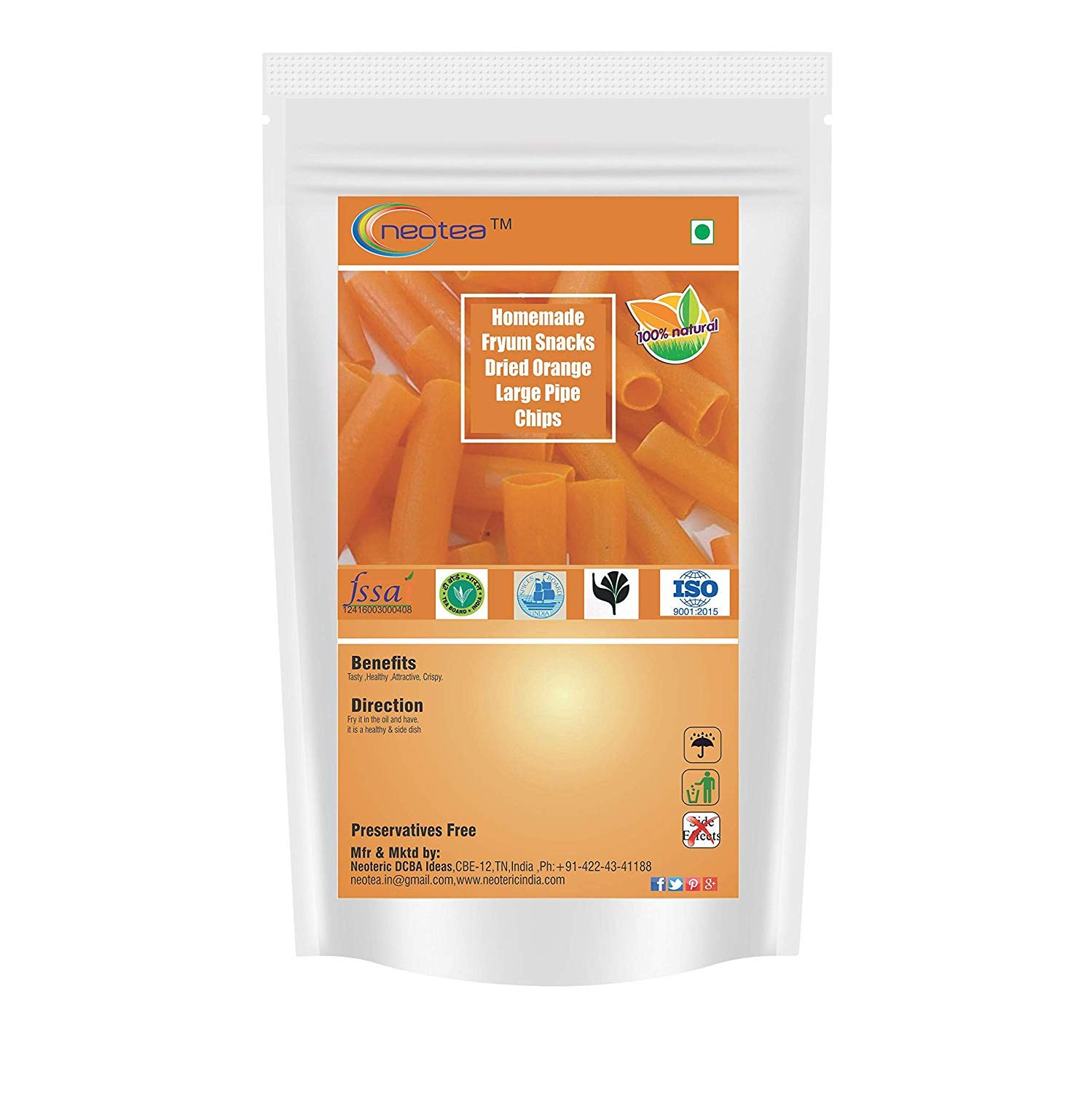 Neotea Homemade Fryum Snacks - Crunchy Dried Orange Large Pipe Chips, 250g | Healthy Vegan Snack for Parties, Movie Nights & On-the-Go Munching