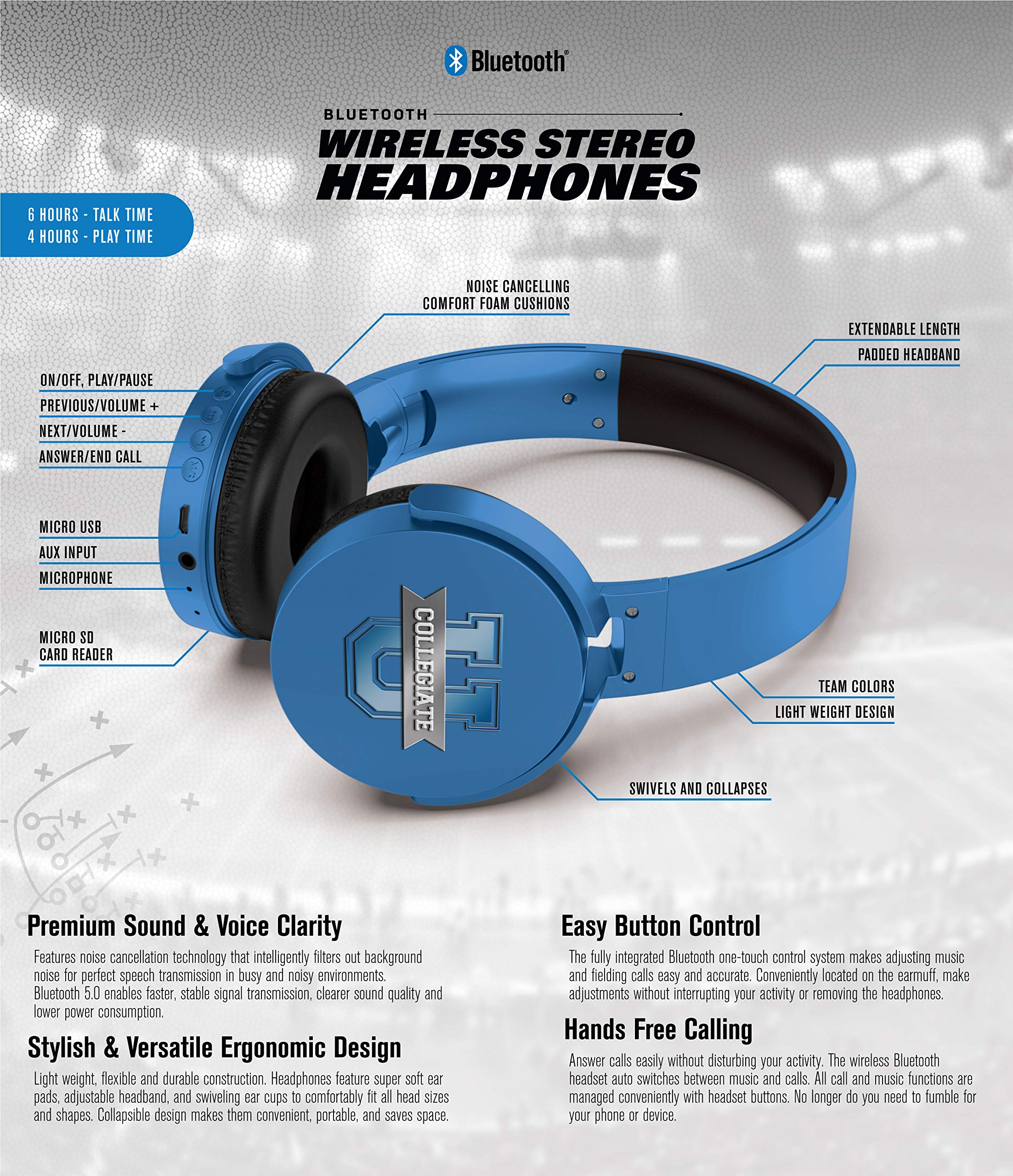 SOAR NCAA Wireless Bluetooth Headphones - Noise Cancelling, 30H Playtime, HD Sound for Sports, Workouts & Travel - Perfect for College Students, Gym & Commuting