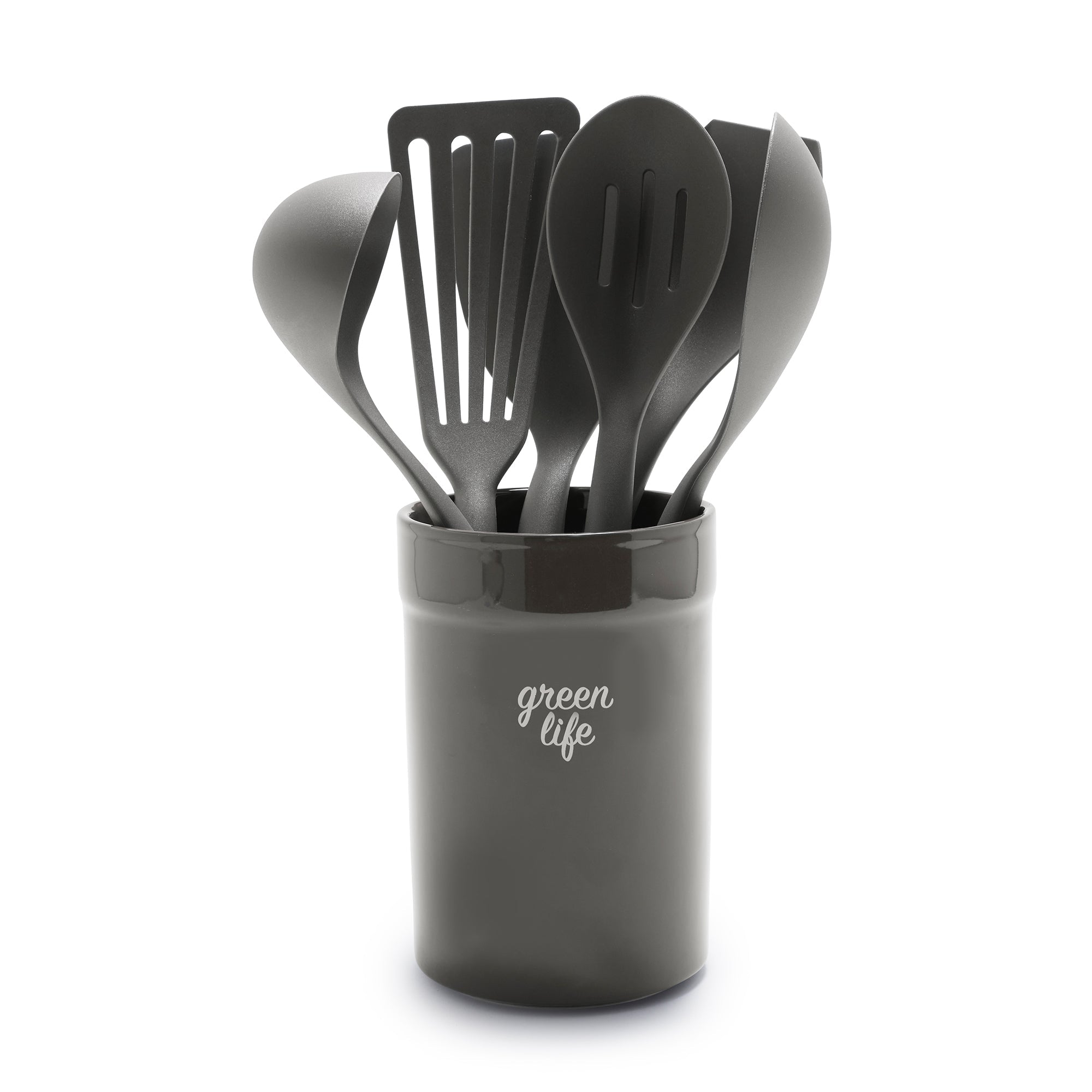 GreenLife Non-Toxic Nylon & Wooden Cooking Utensils Set with Ceramic Holder - 7 Piece Kitchen Tool Collection in Charcoal Gray | Perfect for Sauteing, Baking & Healthy Cooking