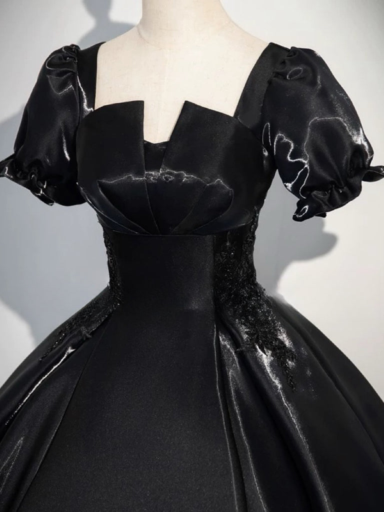 Elegant Black Satin A-Line Long Prom Dress with Short Sleeves - Perfect for Formal Dances, Evening Parties & Special Occasions