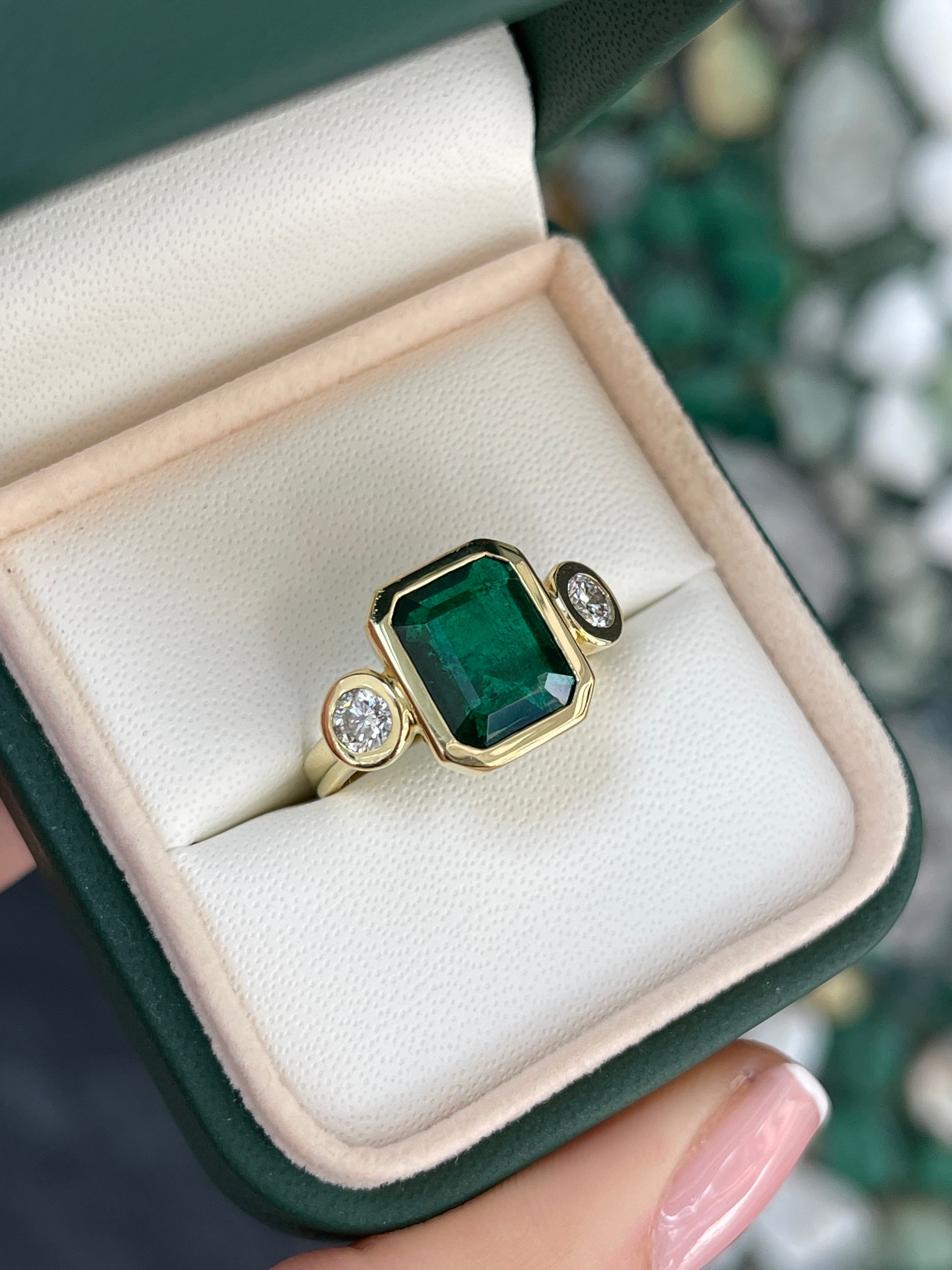 4.58tcw Natural Dark Emerald & Round Diamond Three Stone Ring in 18K Gold - Elegant Engagement, Anniversary or Gift Jewelry for Women