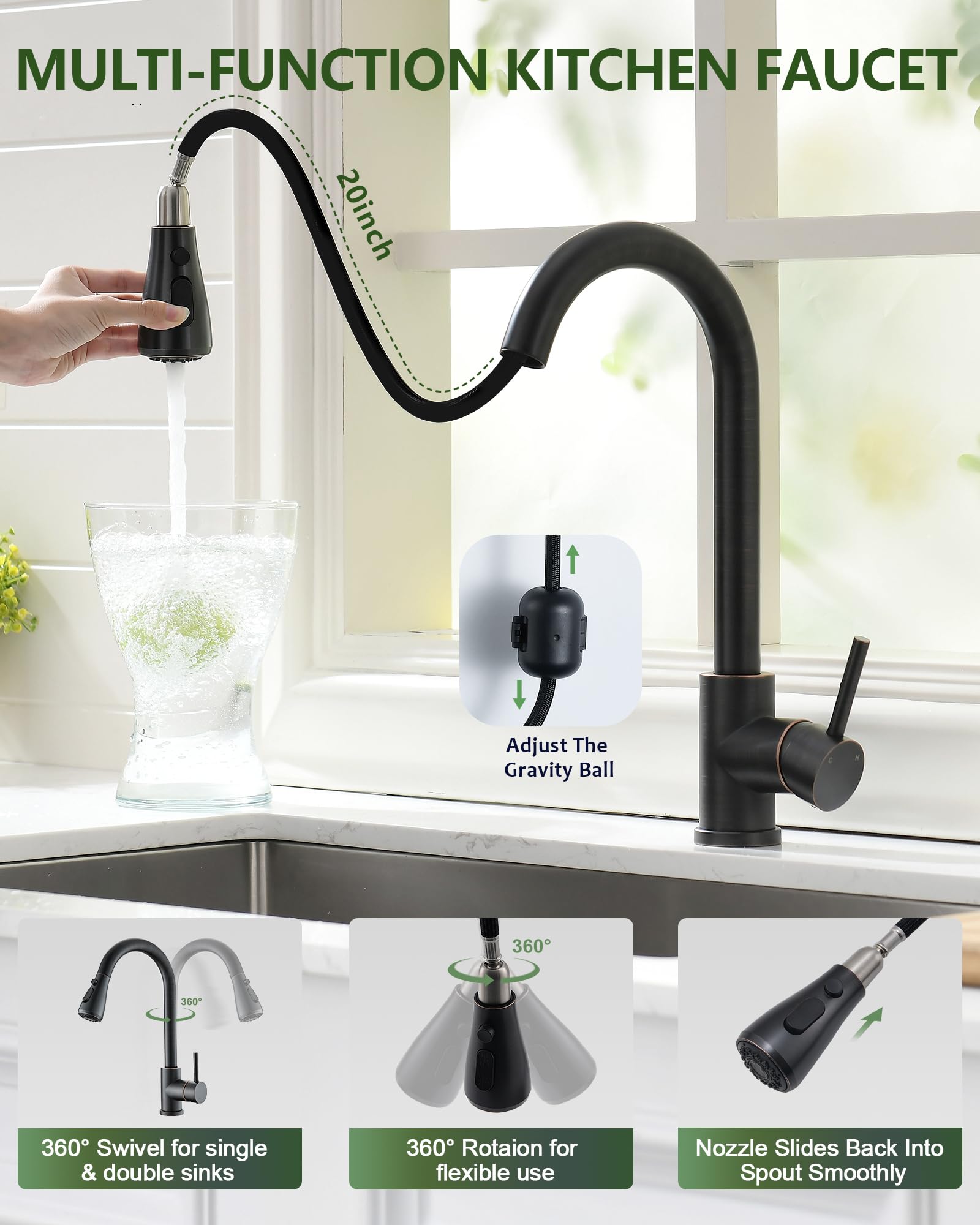 Oil Rubbed Bronze Kitchen Faucet with Pull Down Sprayer - Perfect for Farmhouse Sinks & RVs