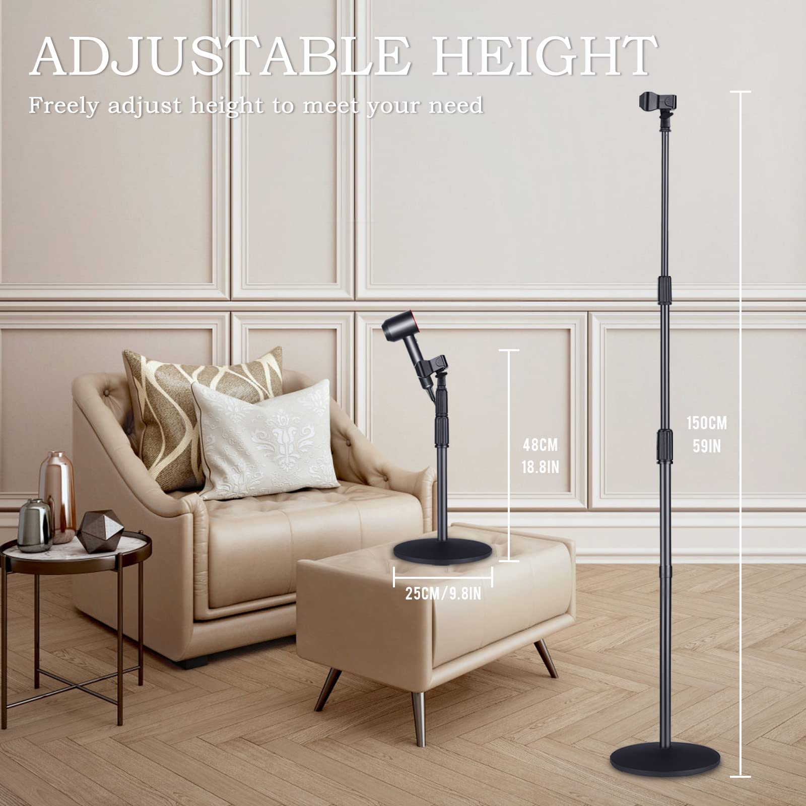Hands Free Hair Dryer Stand Holder - 59in/150cm Adjustable Height, Heavy Duty Blow Dryer Floor Stand with 180° Rotation & Stable Base for Salon, Home, and Professional Styling Use