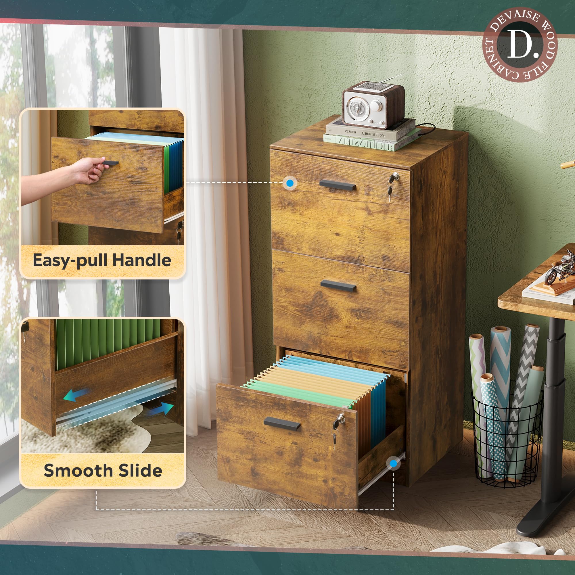 DEVAISE 3-Drawer Locking File Cabinet - Vertical Wooden Office Storage Organizer for Letter & A4 Documents - Rustic Brown Home Office Furniture - Perfect for Home Offices, Study Rooms & Workspaces