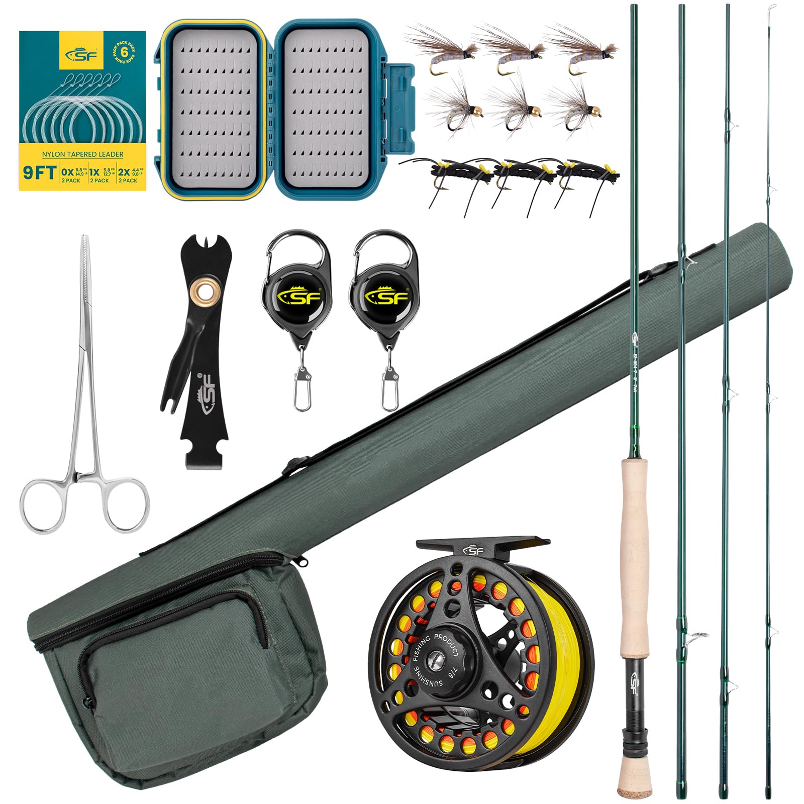 Premium SF Fly Fishing Rod Combo Kit - 4pc 3wt 2.3m, 4wt 2.4m, 5/6/7/8wt 2.7m Emerald Green 24T Carbon Fiber Fly Rod with Carrying Case, Pre-Spooled Reel & Fly Box with Flies - Perfect for Trout, Bass, Salmon Fishing in Rivers & Lakes