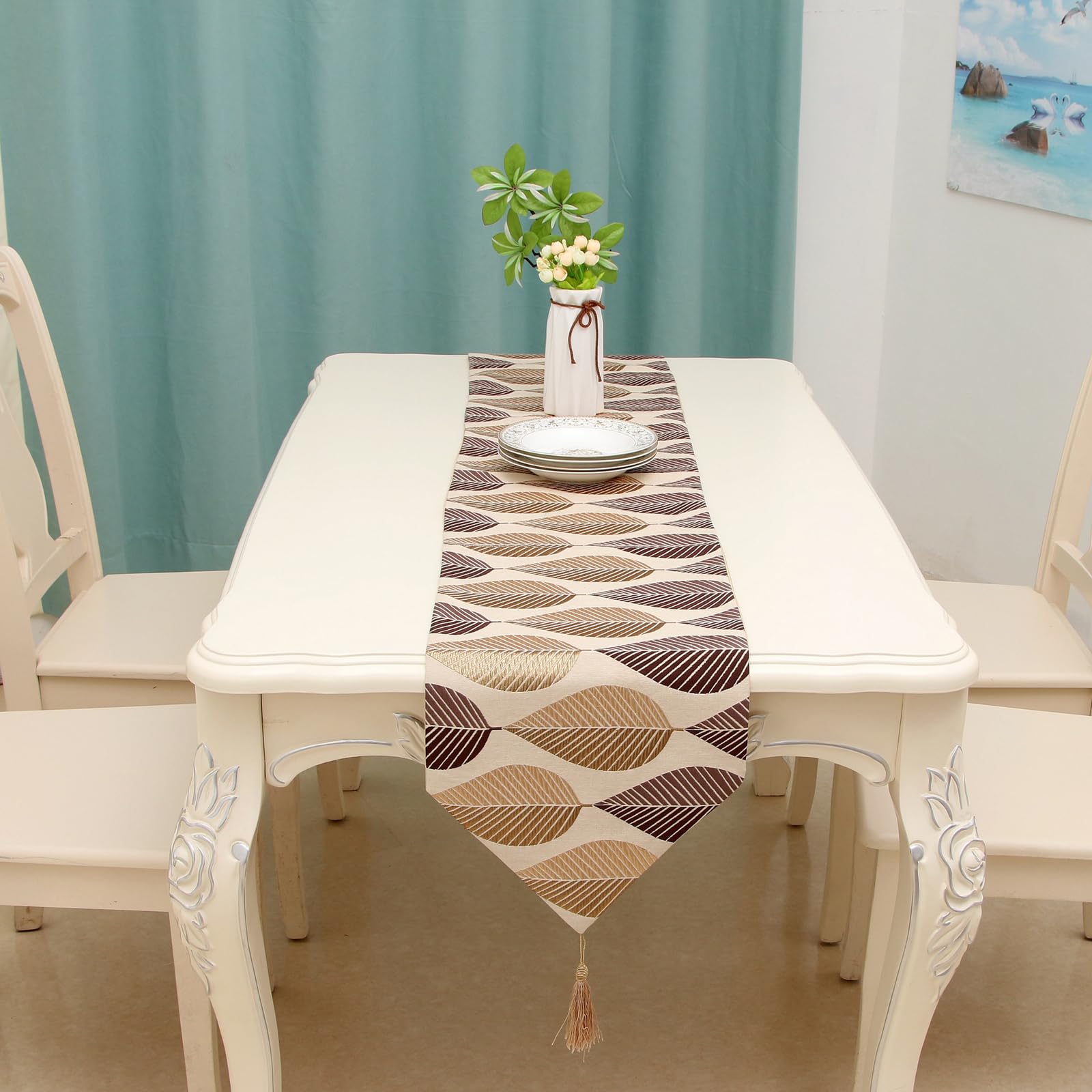 Elegant Jacquard Table Runner 13x48 Inches - Short Leaf Pattern Polyester Tablecloth for Dining Table, Coffee Table, and Home Decor - Perfect for Thanksgiving, Christmas, and Wedding Decorations