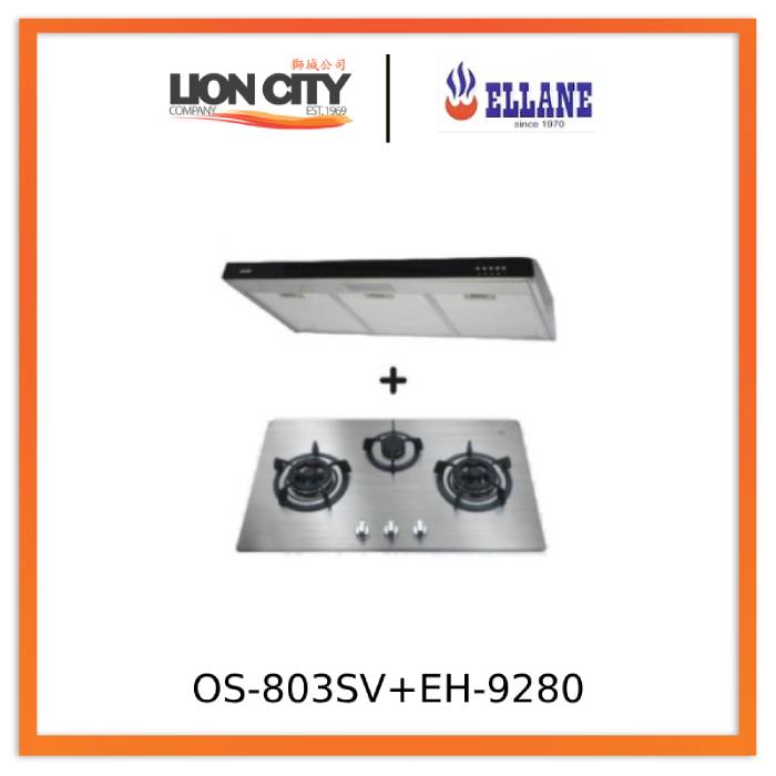 Ellane 60cm/90cm Slimline Range Hood with Black Panel - EH 9280 + Ellane OS 803SV 86cm 3-Burner Gas Cooktop - Modern Kitchen Ventilation System for Home Cooking and Grilling
