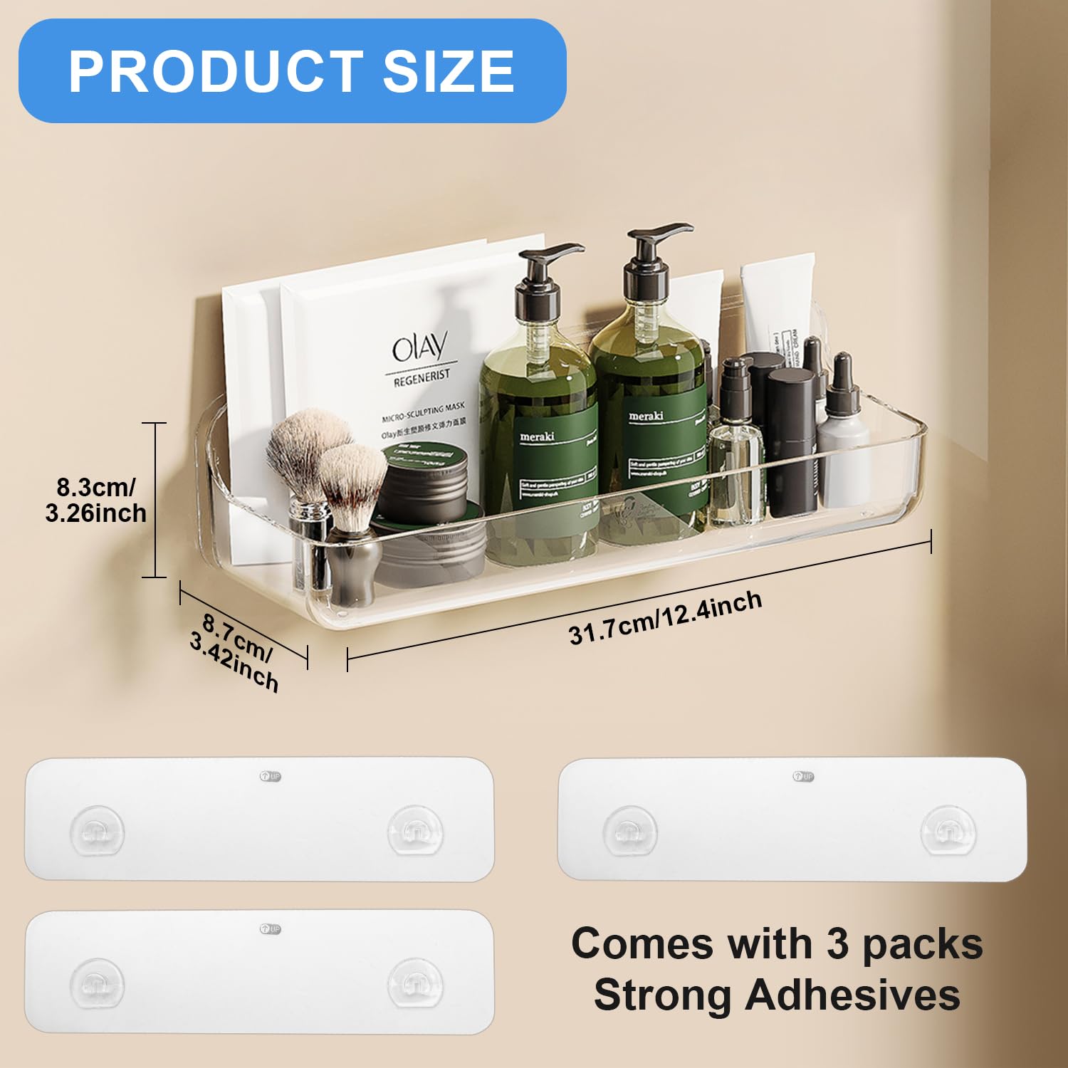 2-Pack Plastic Wall Mount Organizer with Adhesive - No Drill Bathroom Shelves, Acrylic Stick-On Shelf for Kitchen, Living Room & Bathroom Storage - Perfect for Organizing Toiletries, Spices & Small Items