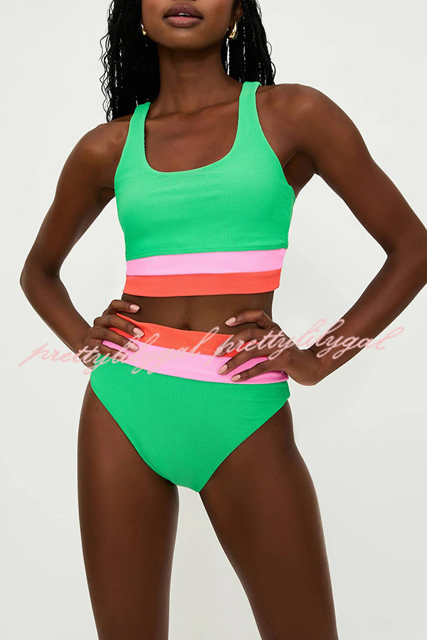 Zephyra Ribbed Color Block Tank High Rise Stretch Bikini Swimsuit for Women - Sexy Summer Beachwear, Pool Party & Vacation Swimwear