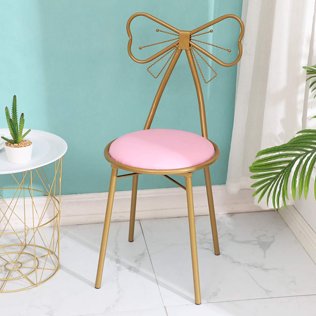 JHSLXD Gold Iron Art Home Makeup Vanity Chair - PU Leather Upholstered Manicure Pedicure Stool with Backrest for Salon, Spa, and Home Decor (Pink)