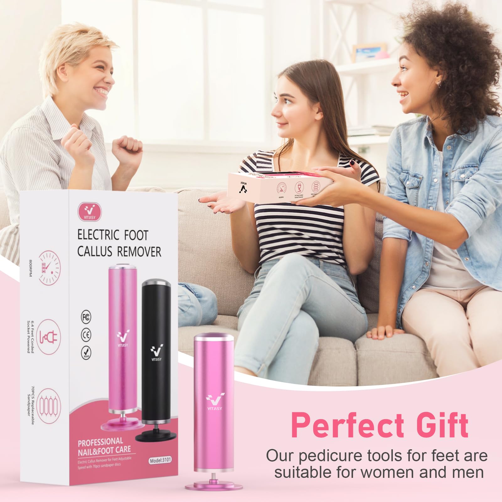 Electric Callus Remover for Feet - Adjustable Speed 0-800 RPM, Rechargeable Foot File with 70 Replacement Sandpaper Discs, Professional Pedicure Tool for Dead Cracked Skin & Calluses Removal - Perfect for Home Spa, Salon & Travel (Pink)
