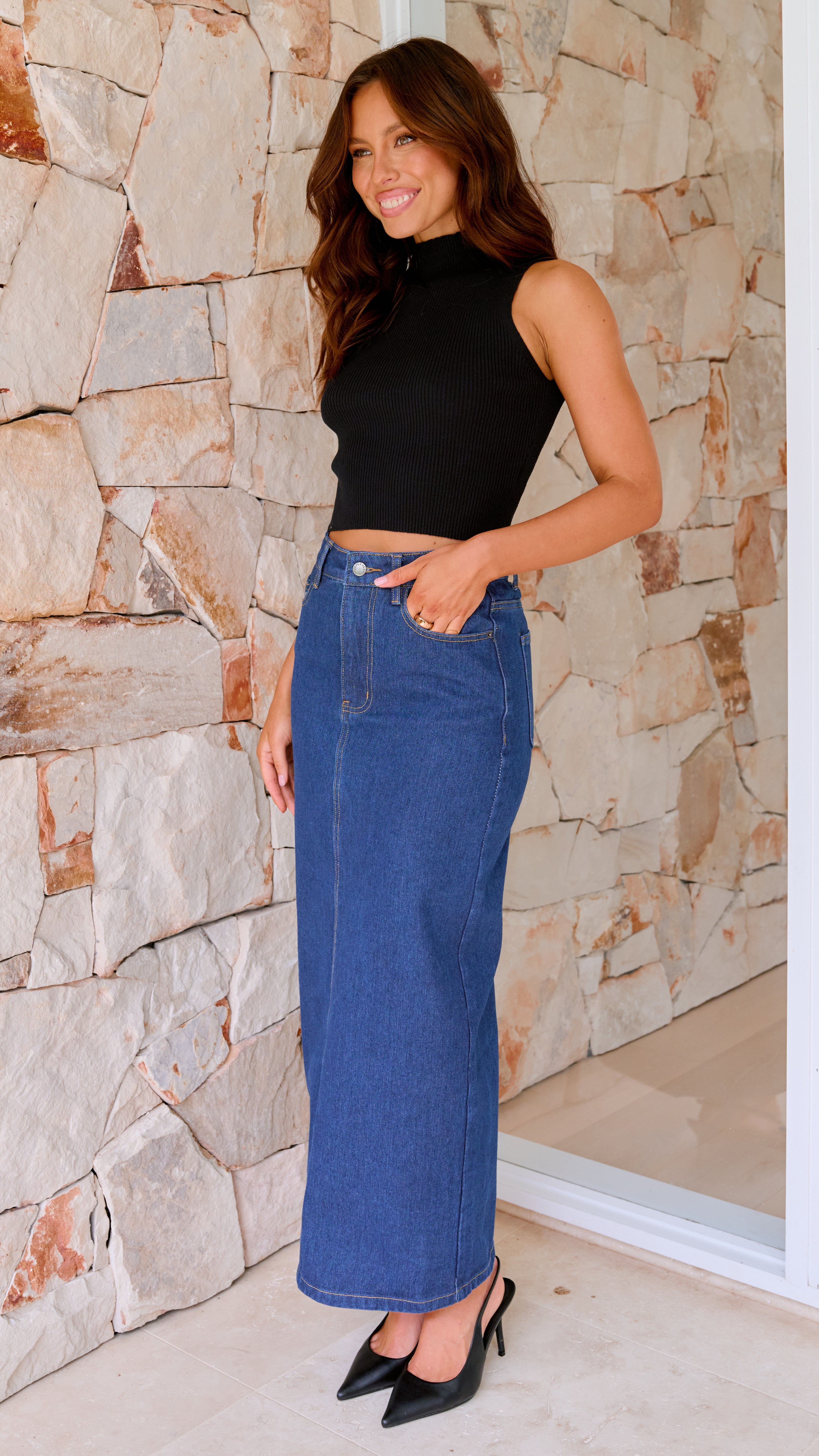 Fiona Women's Denim Maxi Skirt - Indigo Blue Long Flowy Skirt for Casual Wear, Beach, and Summer Outfits