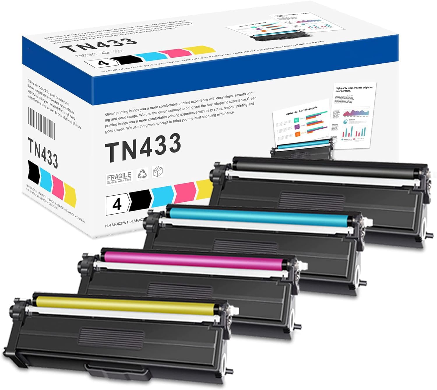 Compatible TN433 Toner Cartridge 4-Pack (BK/C/M/Y) - Replacement for Brother TN-433 Series - Works with HL-L8260CDW, HL-L8360CDW, MFC-L8610CDW & MFC-L8900CDW Printers - Perfect for Office & Home High-Volume Color Printing