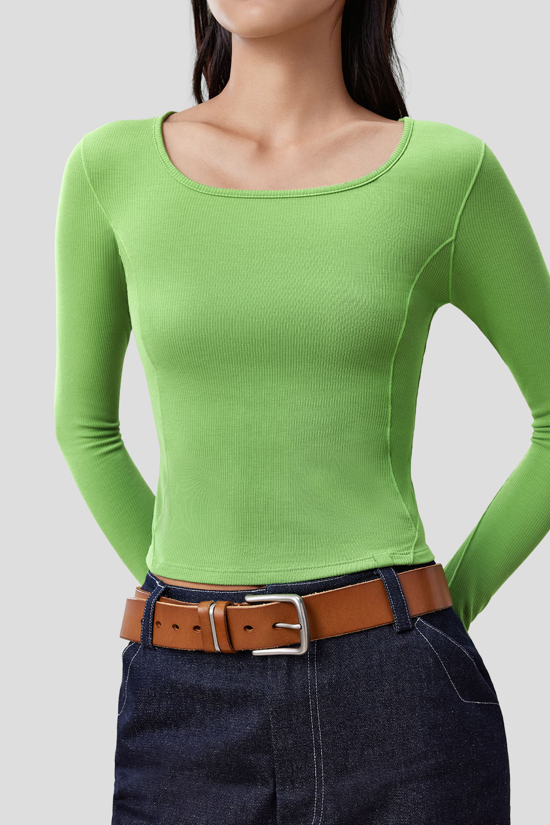 Women's Slim Fit Long Sleeve T-Shirt - Stretchy U-Neck Basic Top for Casual Wear, Workout & Layering