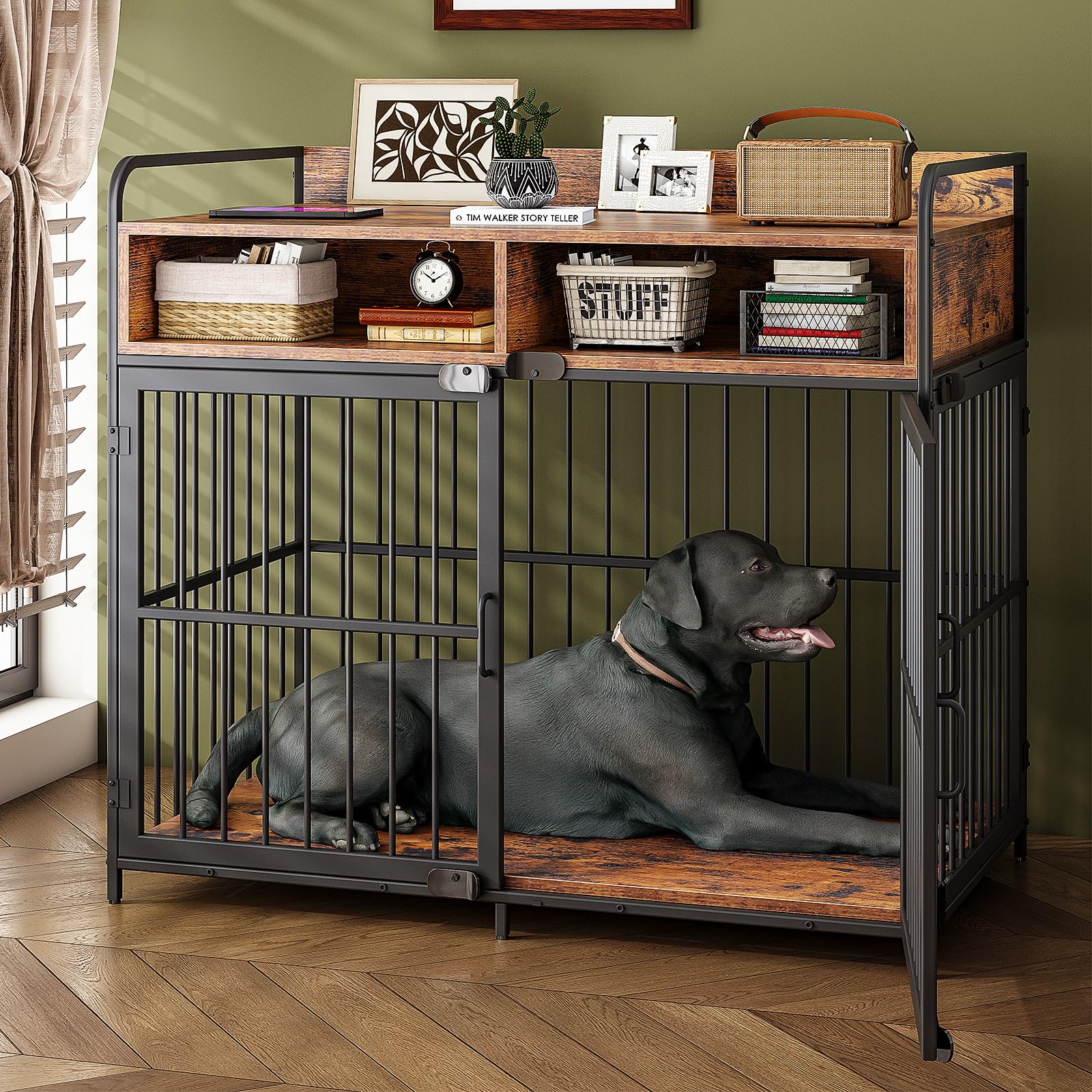 Large Heavy Duty Wooden Dog Crate with Storage Drawers - 40.5