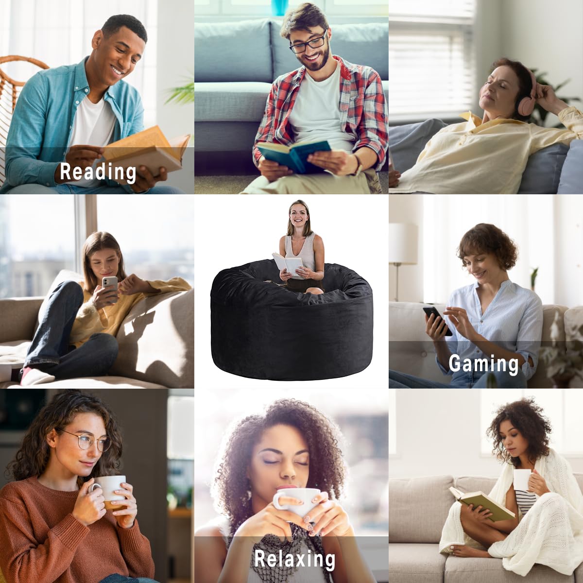 **WhatsBedding Medium Bean Bag Chair for Adults - Adjustable Foam Filling, Dutch Velvet Cover, Soft Fabric - 3 Foot Black - Perfect for Living Room, Bedroom, Game Room & Relaxation**