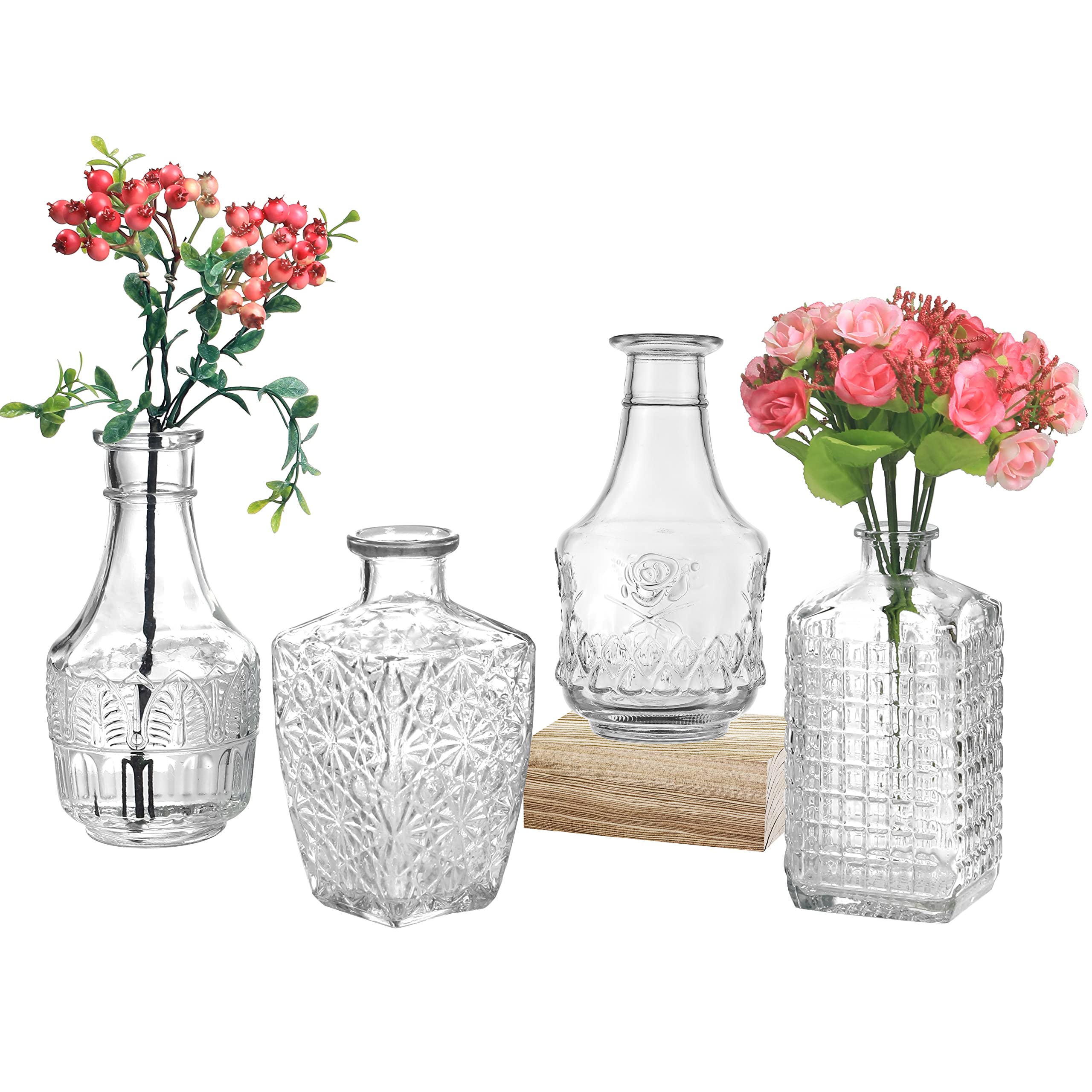 Set of 4 Clear Glass Vases for Flowers - Bud Vases Bulk Pack - Perfect for Wedding Centerpieces, Rustic Decor, Living Room, Bookshelf & Farmhouse Style - Elegant Home & Event Decoration