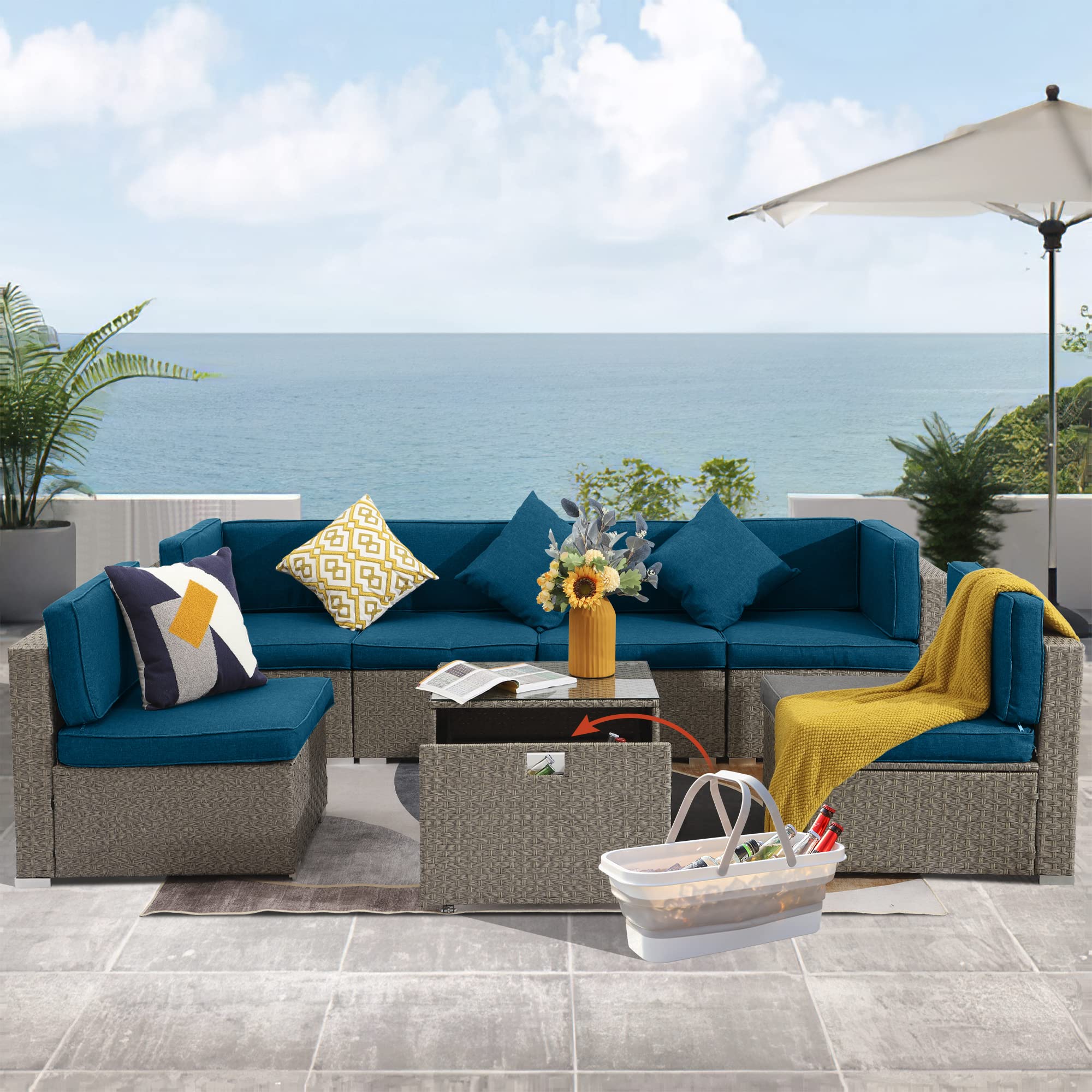 LOUVIXA 7-Piece All-Weather Outdoor Patio Furniture Set - Rattan Wicker Sectional Sofa with Coffee Table, Waterproof Cushions & Collapsible Ice Bucket - Perfect for Backyard, Garden, Poolside and Patio Relaxation