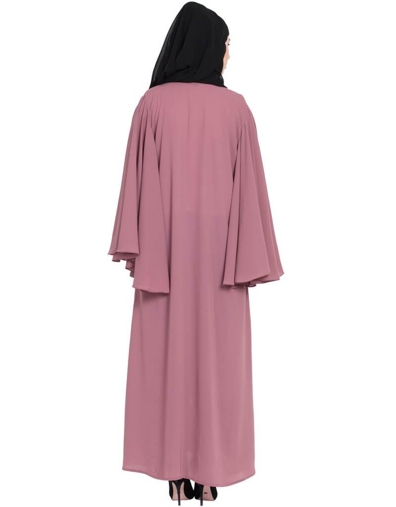 Elegant Arabic Butterfly Sleeve Open Front Pearl Embellished Dubai Kaftan - Pink Abaya for Women | Perfect for Weddings, Parties & Special Occasions
