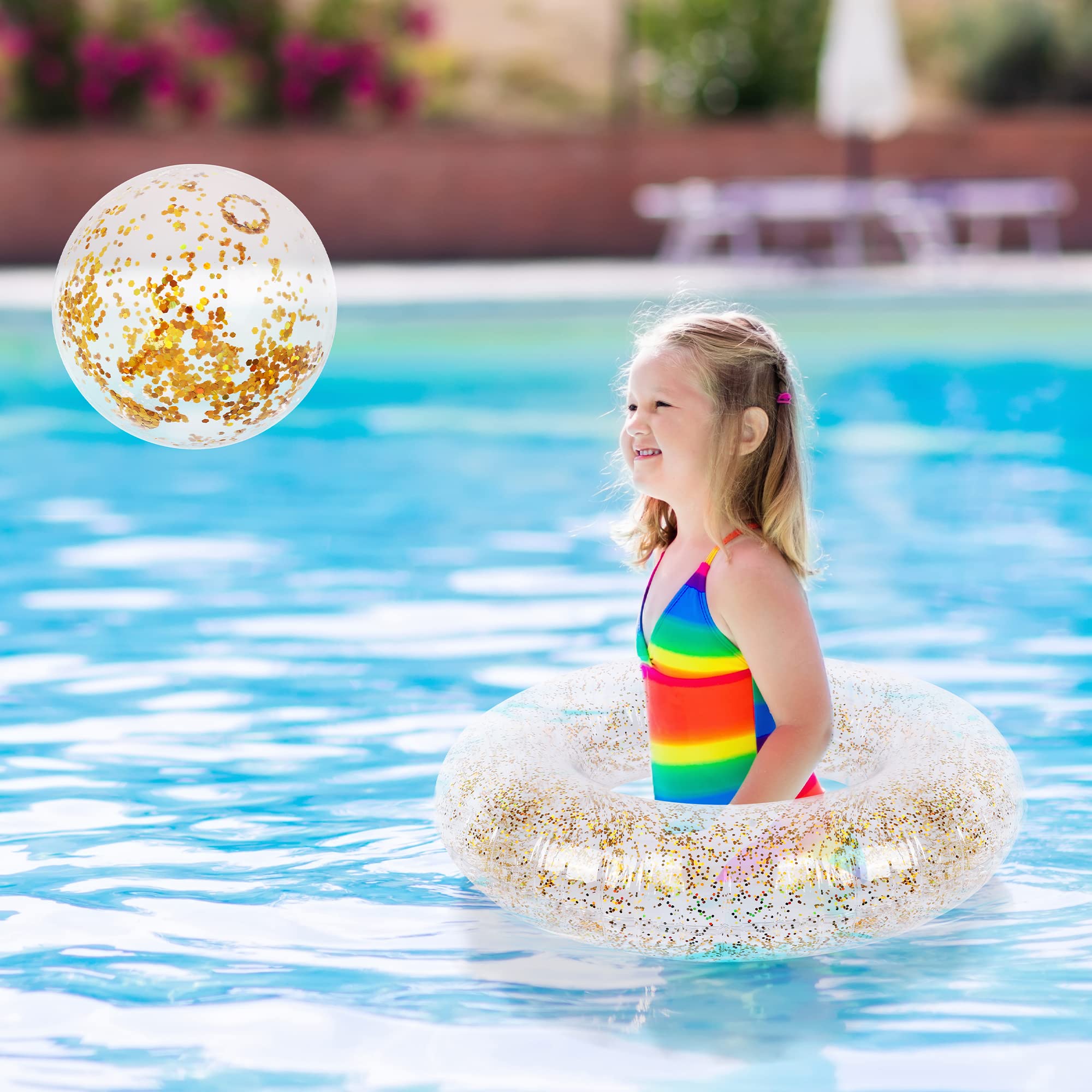 Elcoho 8-Pack Inflatable Glitter Pool Float Beach Balls - 35 Inch Large Swim Rings, Transparent Confetti Flotation Toys for Pool, Lake & Ocean | Perfect for Summer Parties, Backyard Swimming & Beach Vacations