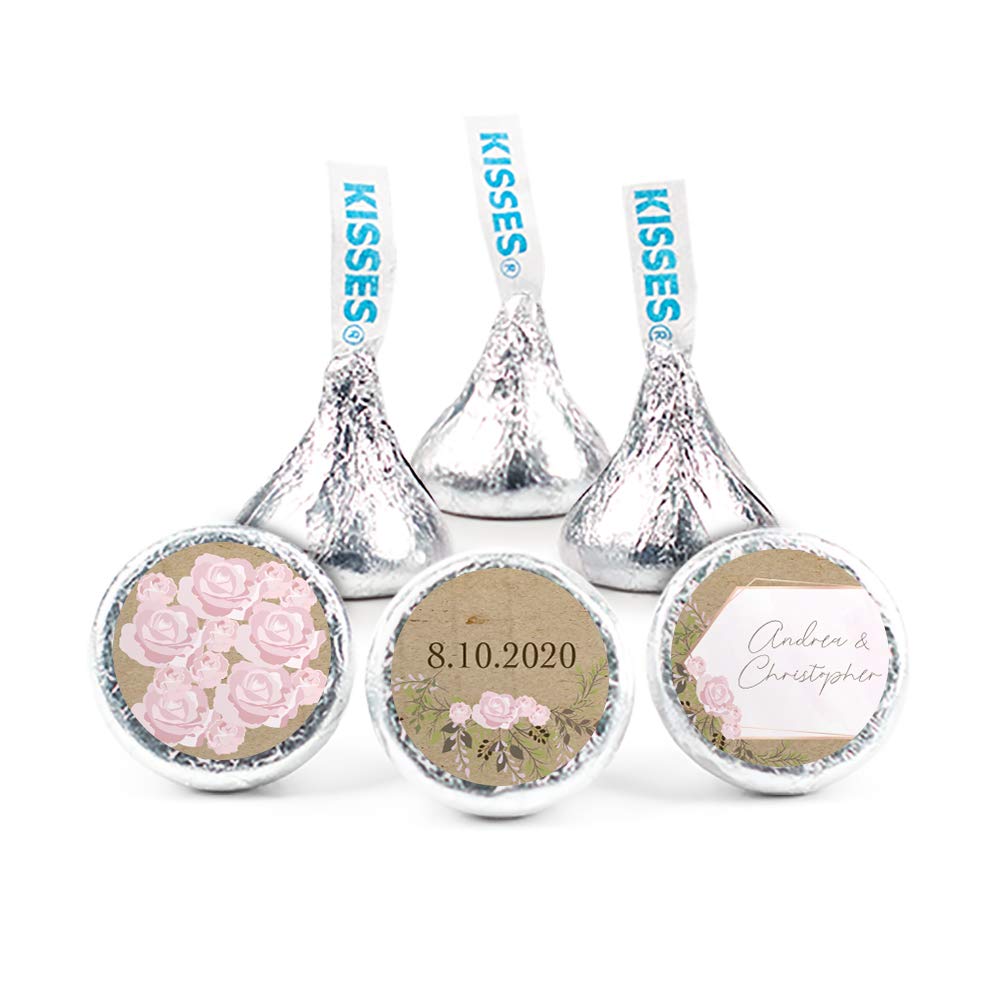 Personalized Wedding Kisses Candy & Stickers Set - DIY Pink Botanical Theme (1 lb Candy + 1 Sheet Stickers) - Perfect for Bridal Showers, Wedding Favors and Party Decorations