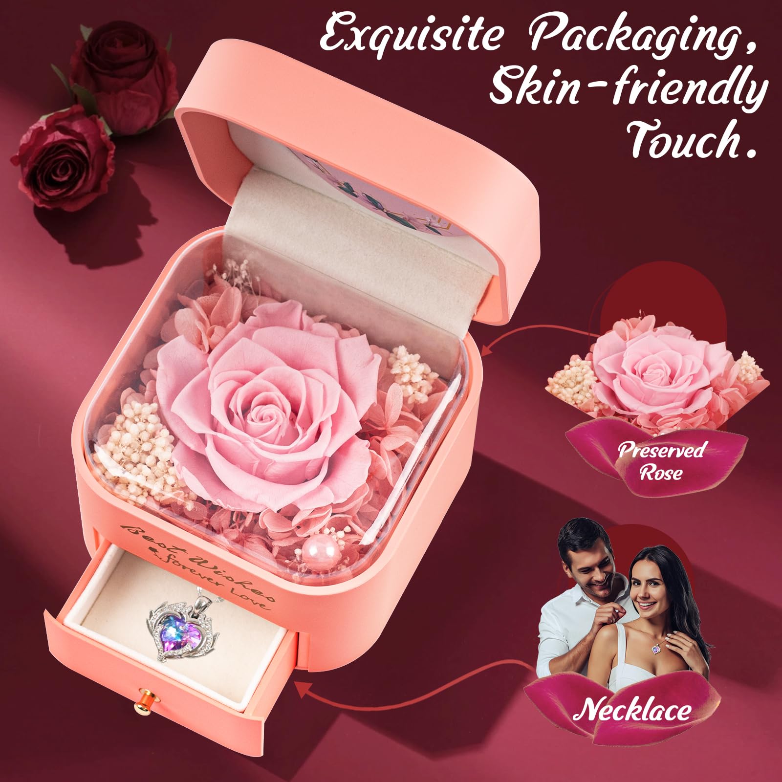 Eternal Preserved Rose with Necklace - Unique Birthday Gift for Women, Mom, Wife & Grandma | Mother's Day, Anniversary, Christmas, Thanksgiving & Valentine's Day Present | Perfect for Home Decor, Romantic Surprises & Special Occasions