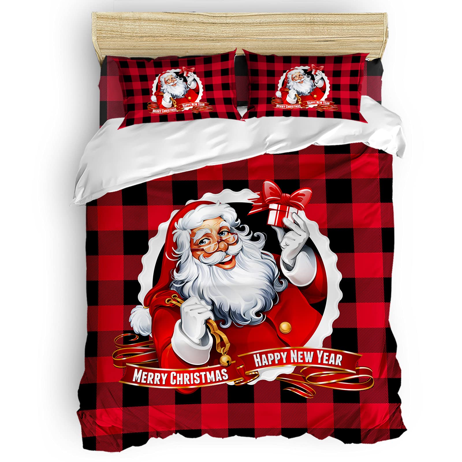 Amaze-Home 4-Piece Christmas Duvet Cover Set - Santa Claus & Deer Luxury Bedding with Zipper Closure, Red Black Buffalo Check Comforter Cover for Full Size Bed | Perfect for Kids & Adults Bedroom Decor, Holiday Gift & Cozy Winter Nights