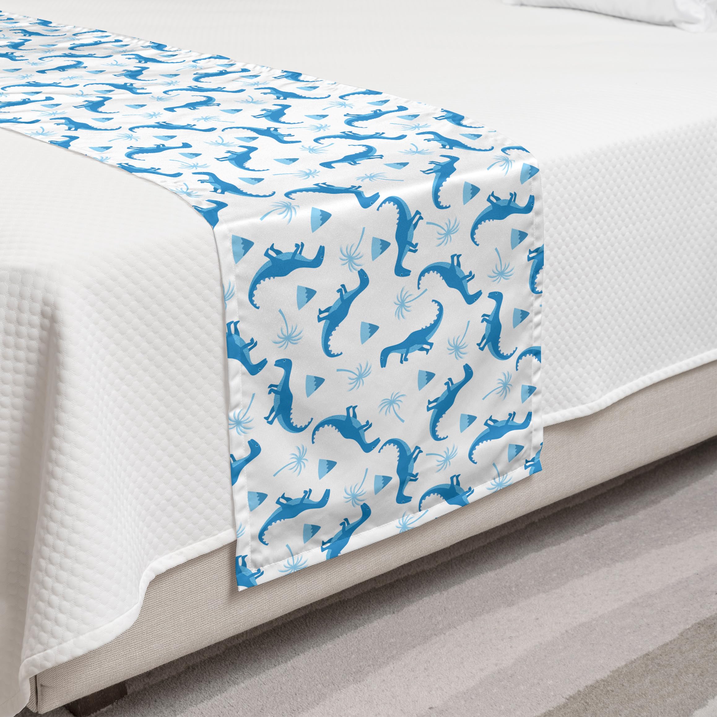 Ambesonne Dino Bed Runner - Monochrome Funny Dinosaur Print with Palm Trees & Volcano Design - Decorative Bed Scarf for Hotels, Homes & Guest Rooms (Pale Blue/White) - Perfect for Kids' Rooms, Dinosaur-Themed Decor & Coastal Bedroom Styling