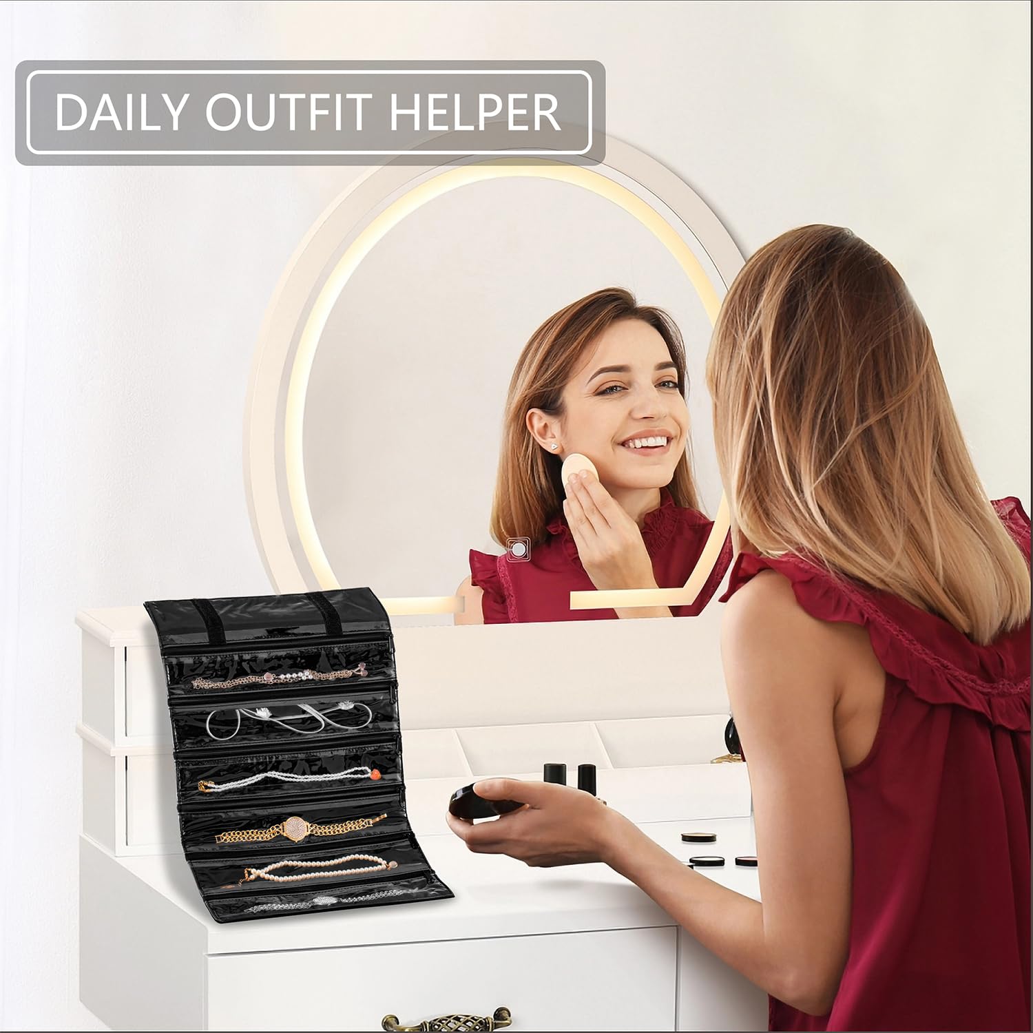 Foldable Travel Jewelry Organizer with 6 Zippered Pockets - Perfect for Earrings, Rings, Necklaces & Bracelets | Compact Jewelry Storage Bag for Makeup, Cosmetics & Accessories on the Go | Ideal for Vacations, Business Trips & Daily Use