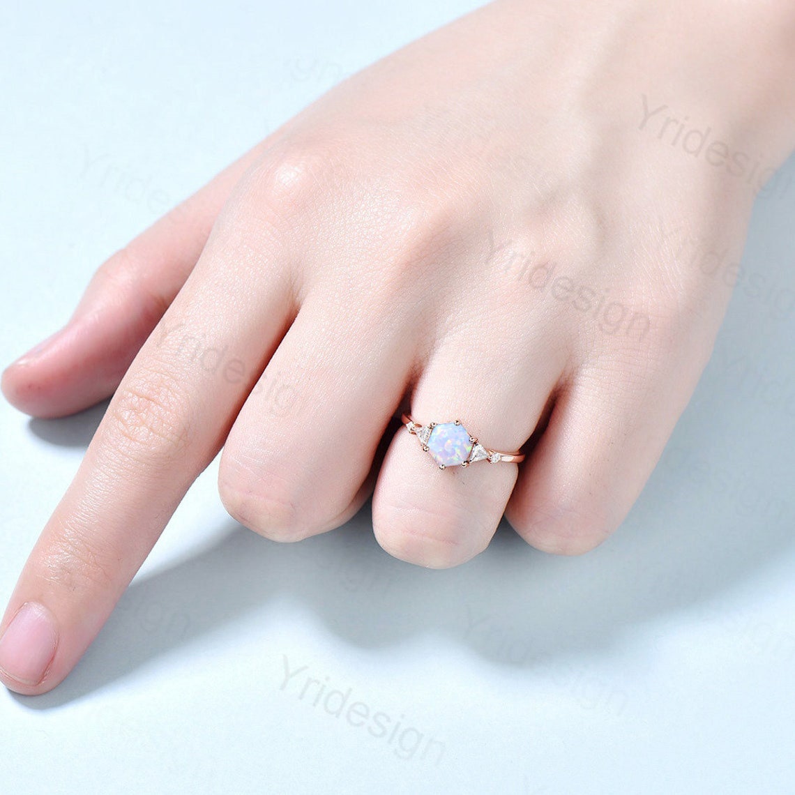 Hexagon Cut White Opal Engagement Ring - 5 Stone Moissanite Wedding Ring for Women, 6 Prong Setting, Unique October Birthstone Jewelry - Perfect for Bridal, Anniversary & Special Occasion Gifts