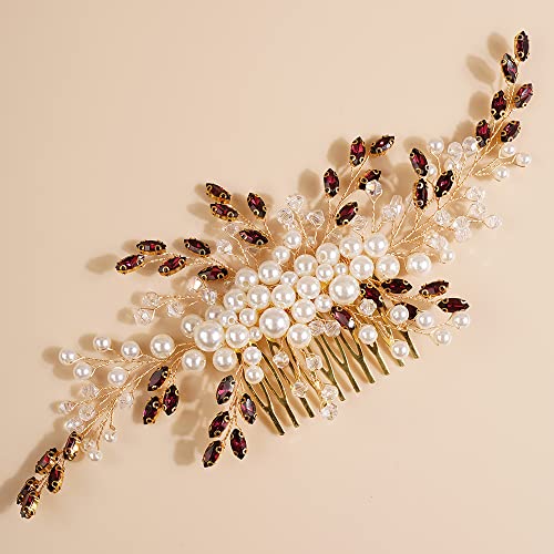 Xerling Pearl Hair Comb with Dark Red Ruby Crystals - Elegant Rhinestone Bridal Hair Accessories for Women & Girls | Perfect for Weddings, Prom, and Special Occasions