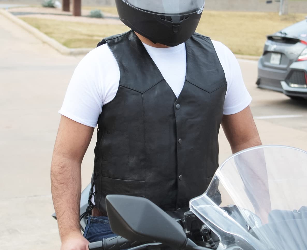 Men's Motorcycle Leather Vest with Side Laces & Concealed Carry Pockets - Classic Black Biker Jacket (Sizes S-6XL) | Perfect for Riding, Outdoor Adventures & Casual Wear