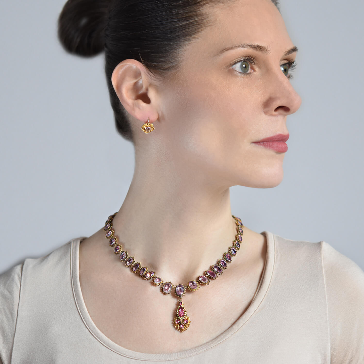 18K Gold Georgian Pink Topaz Necklace and Earrings Set - Rare Vintage Jewelry for Weddings, Parties & Special Occasions