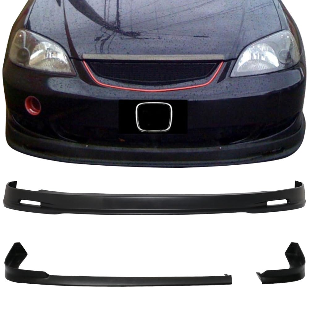 IKON MOTORSPORTS TR Style Front Bumper Lip & Rear Air Dam Diffuser for 2001-2003 Honda Civic - Unpainted Black PP/PU Chin Spoiler - Perfect for Car Styling & Performance Upgrade