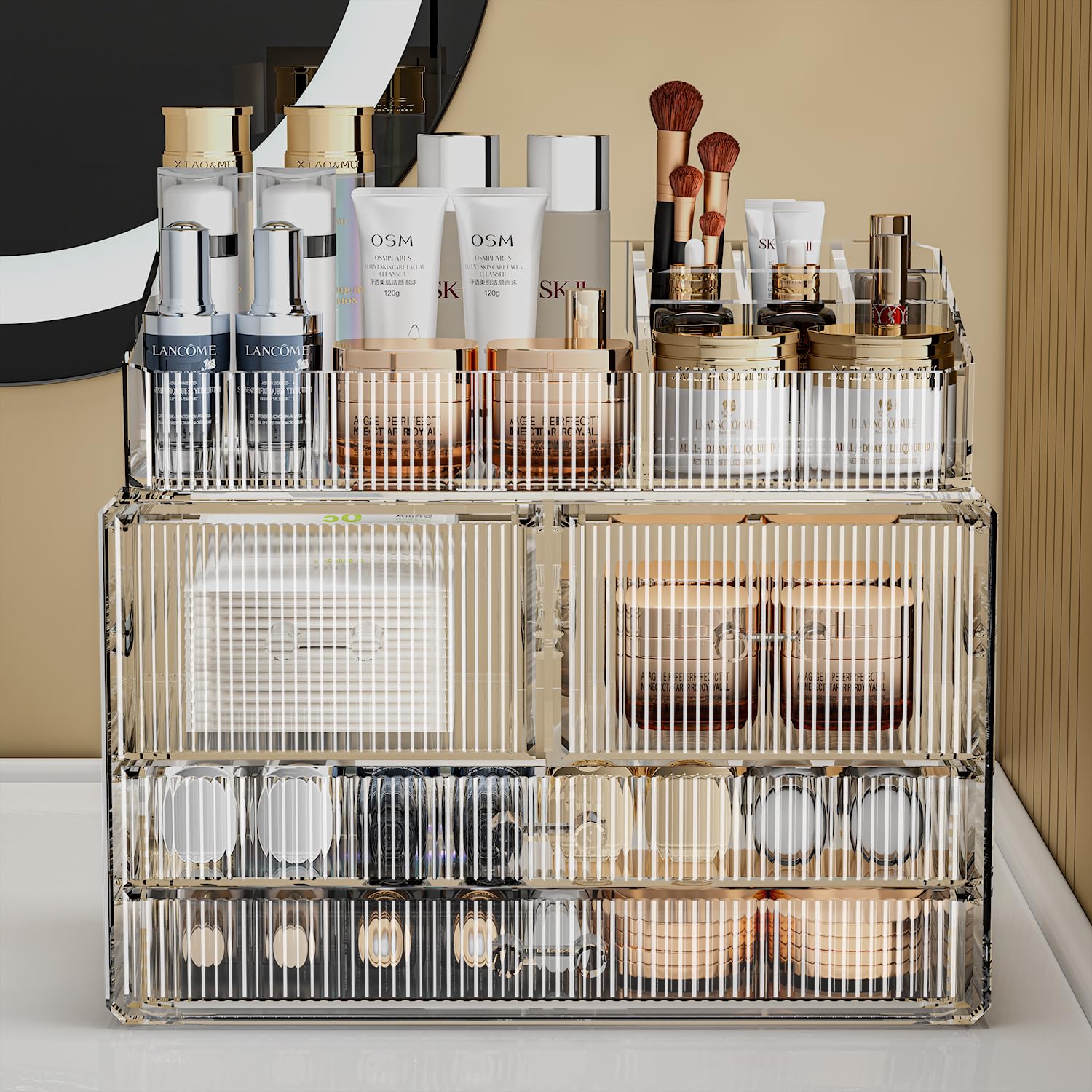ZHIAI Stackable Acrylic Storage Drawers - Clear Makeup Organizer for Bathroom Vanity, Kitchen Cabinet & Undersink | Home Organization Solution (1 Top + 4 Drawers) | Perfect for Cosmetics, Toiletries & Small Item Storage