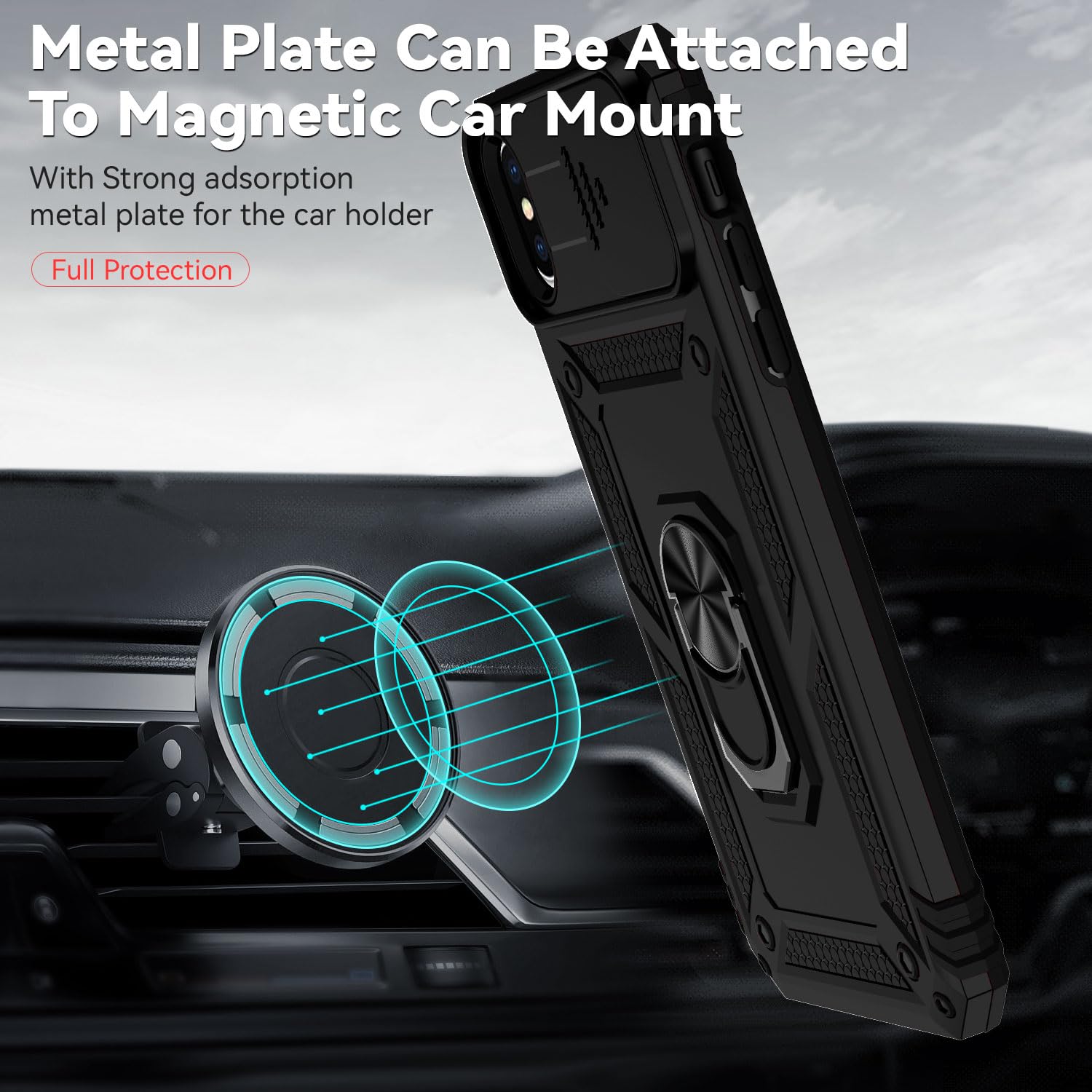 Premium Shockproof iPhone X/Xs Case with Slide Camera Cover, HD Screen Protector & Magnetic Rotating Kickstand - Military Grade Protection (Black) | Perfect for Outdoor Activities, Travel & Daily Use