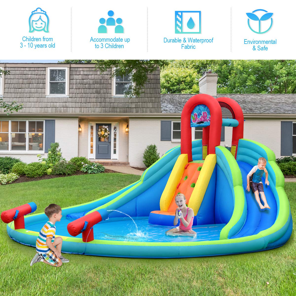 BOUNTECH Inflatable Water Slide for Kids & Adults - Mega Backyard Water Park with Double Long Slide & Large Splash Pool - Outdoor Summer Party Fun for Family Gatherings, Birthday Parties & Backyard Games - Heavy Duty Blow Up Water Slides Inflatables for Big Kids & Adults