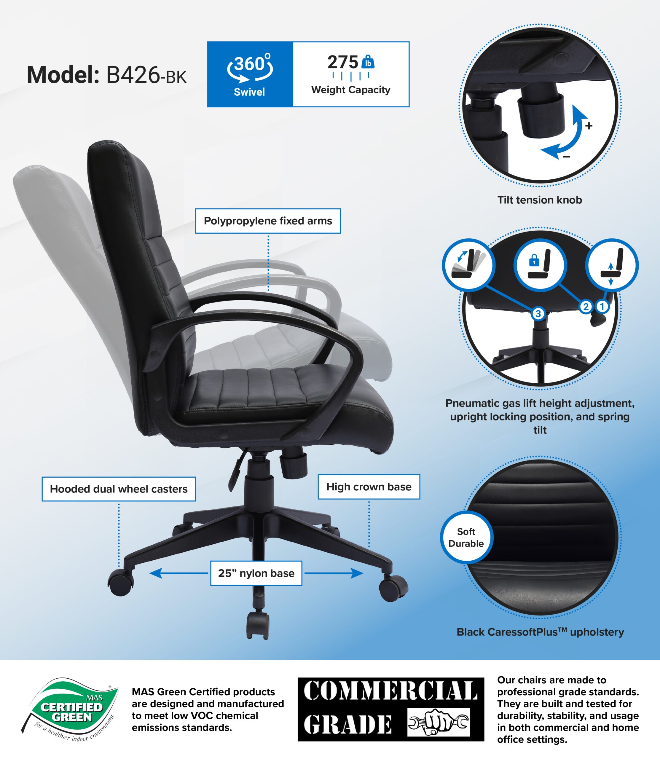 Boss Ribbed Back Executive Office Chair [B426 BK] - Ergonomic High Back Swivel Chair for Home & Office Workspace, Conference Room, and Gaming Setup
