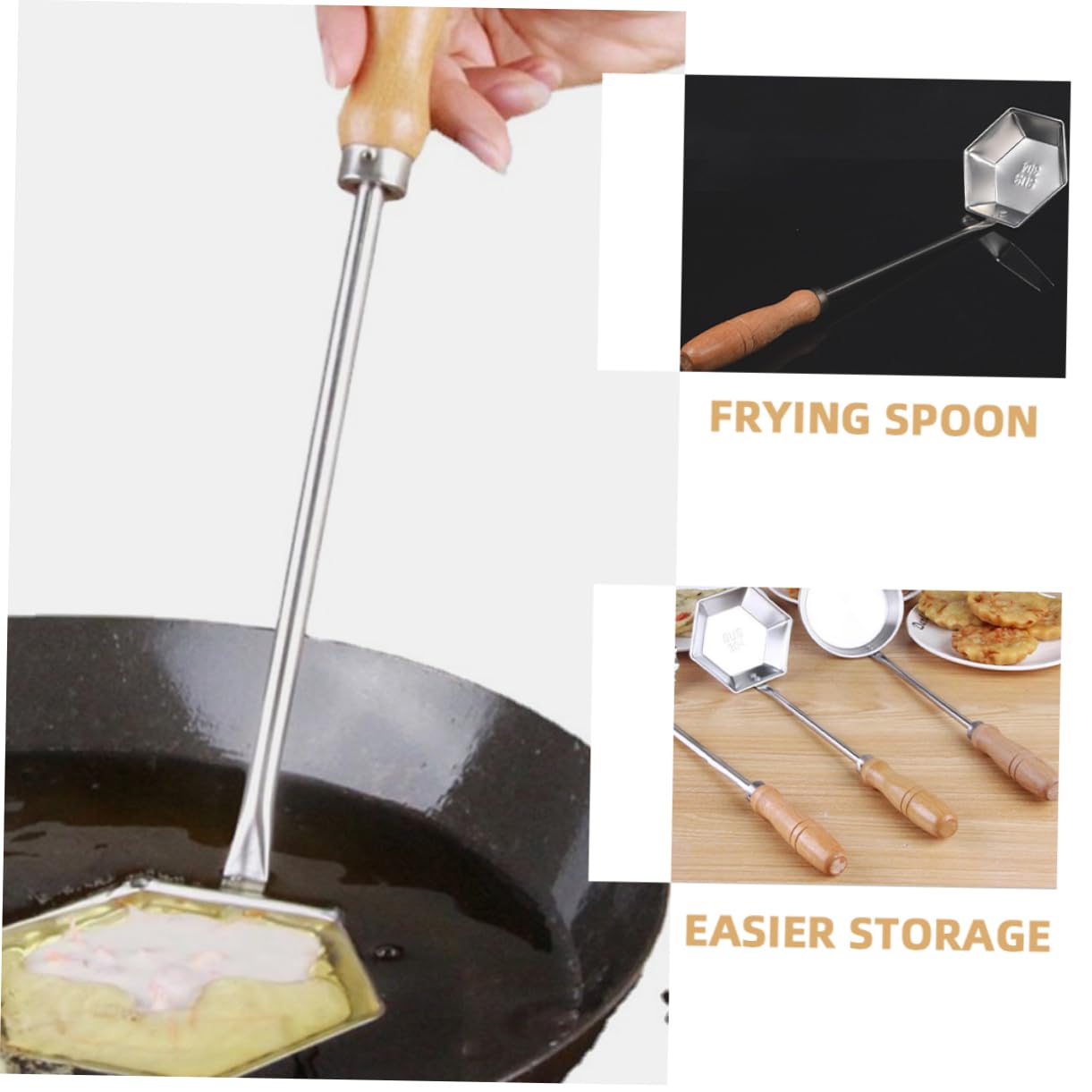 Wooden Handle Non-Stick Stainless Steel Frying Spoon - Perfect for Cooking Bunuelos, Pancakes & Kitchen Snacks | Durable Kitchen Utensil for Frying, Stirring & Serving