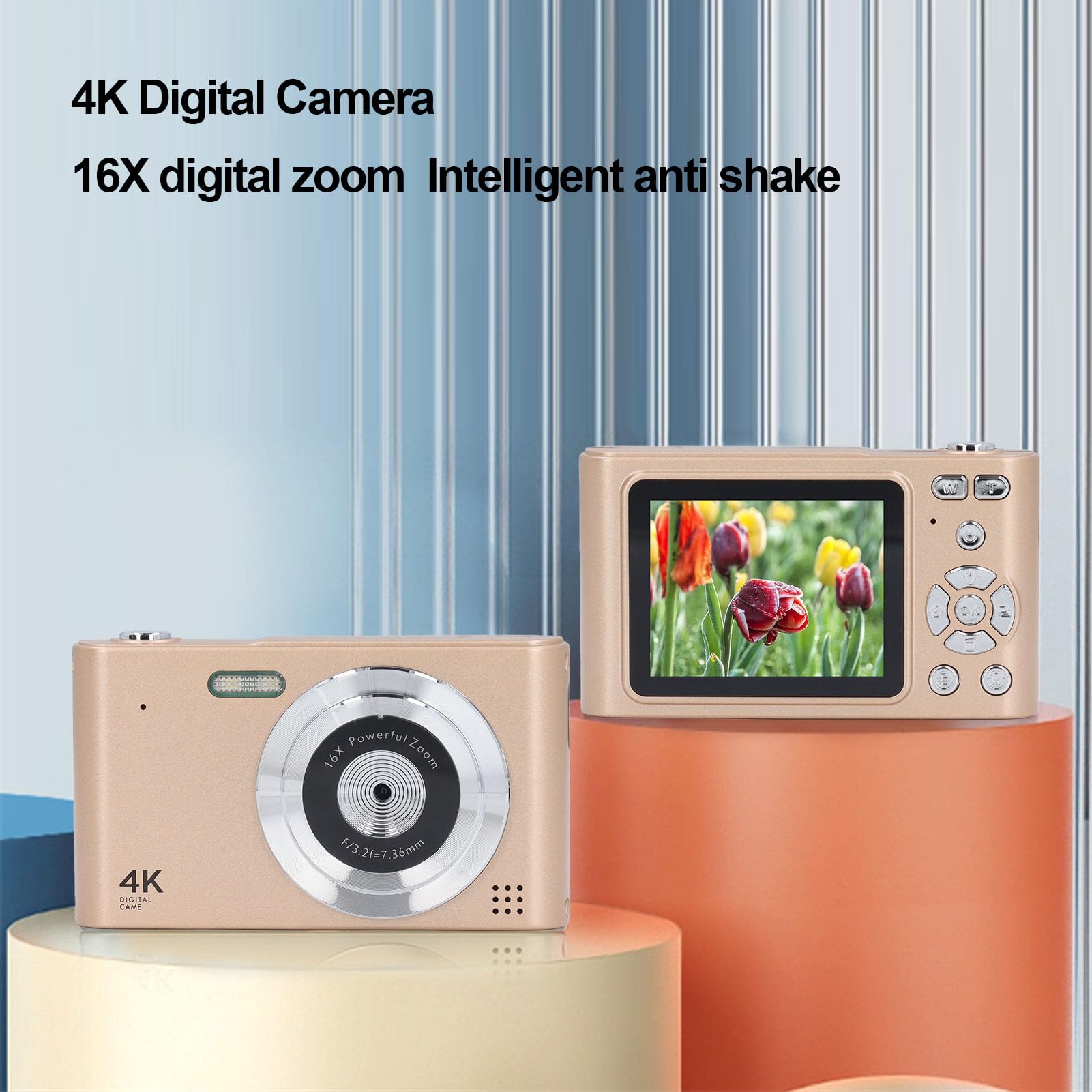 4K Digital Camera with 16X Zoom & 48MP - 2.4in LCD Screen, Built-in Flash & Anti-Shake - Perfect Vlog Camera for Beginners, Kids & Travel (Gold) | Capture Stunning Photos & Videos for YouTube, Family Moments & Outdoor Adventures
