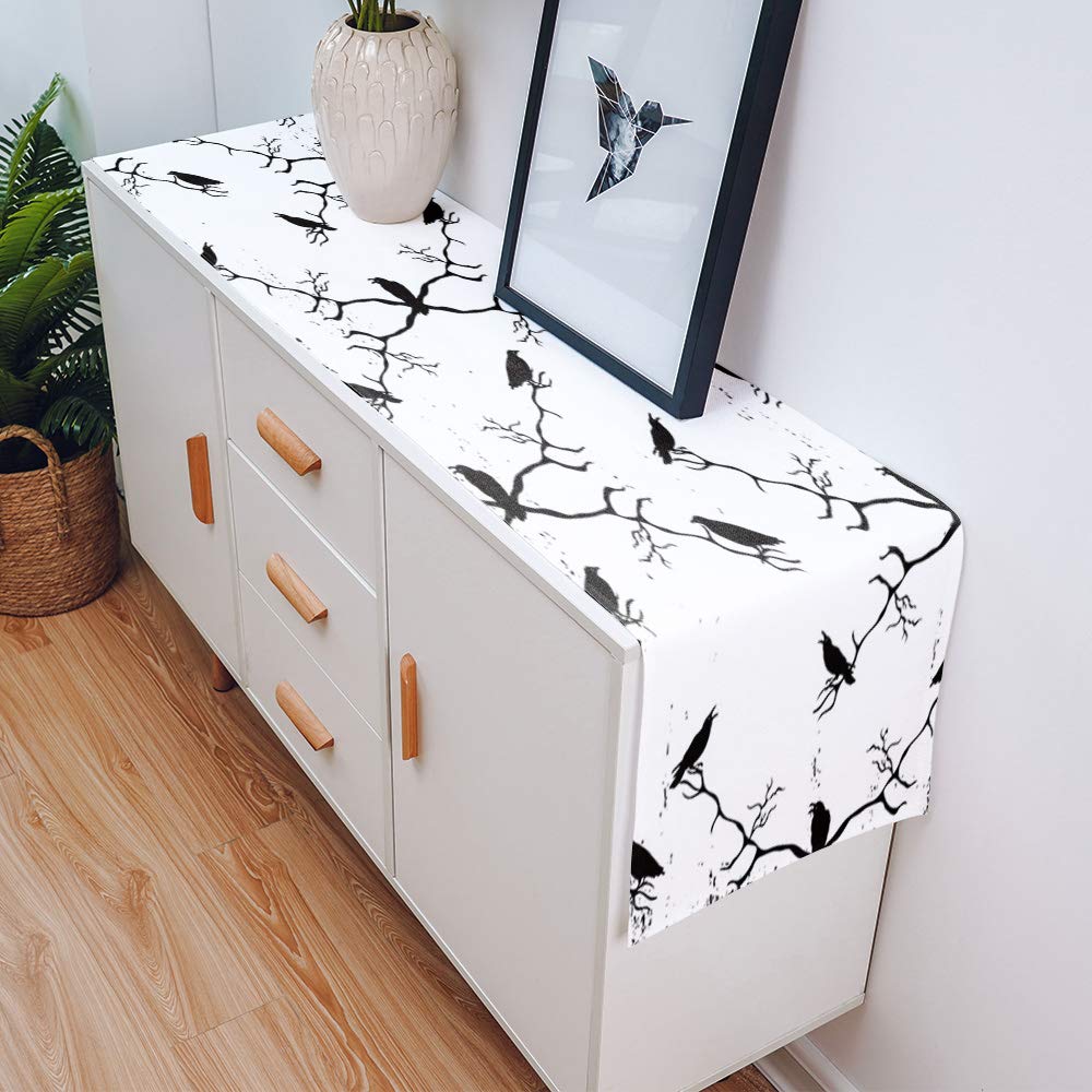 Halloween Black Crow Table Runner 120 Inches Long - Washable White Background Decorative Tablecloth for Round, Kitchen, Coffee, Dining & End Tables - Perfect for Halloween Parties, Home Decor & Living Room