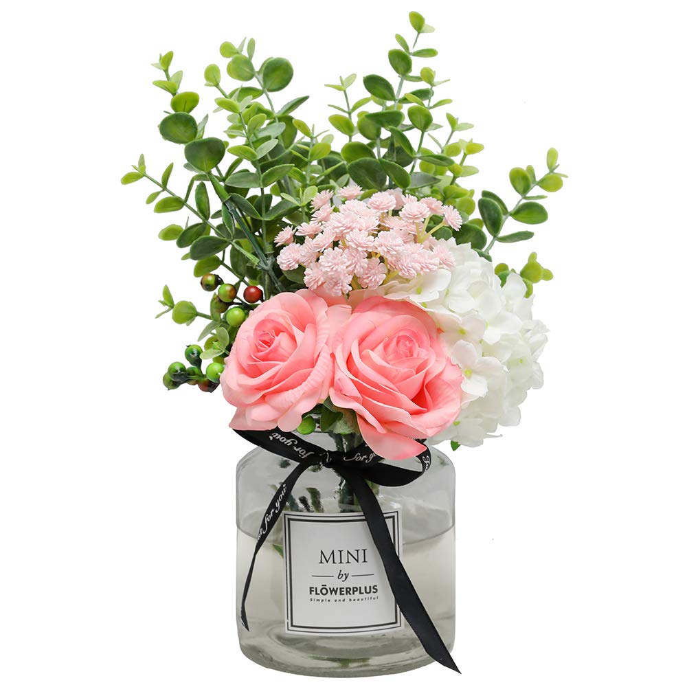 Artificial Silk Roses Bouquet with Baby's Breath, Eucalyptus Leaves & Berries - Pink Wedding Floral Arrangement for Home Décor, Indoor Faux Plants, Centerpiece (Vase Not Included) - Perfect for Weddings, Bridal Showers, Home Decor & Table Centerpieces