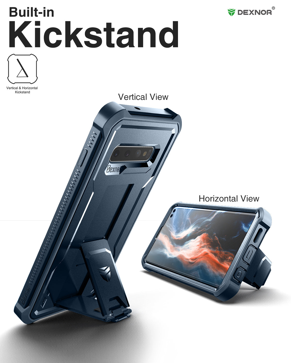 Dexnor Heavy Duty Shockproof Rugged Case for Samsung Galaxy S10 Plus with Built-in Kickstand & Full Body Protection + Free Screen Protector - Perfect for Outdoor Adventures, Work & Daily Use