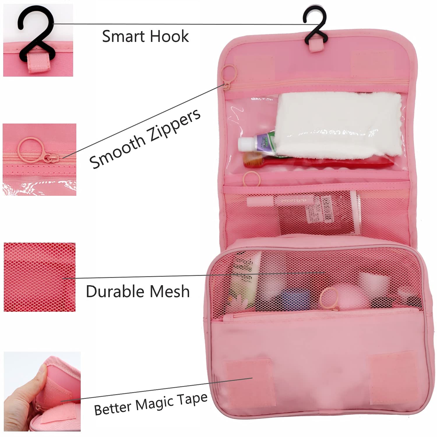Premium Hanging Toiletry Bag for Travel - Large Waterproof Cosmetic Organizer with Sturdy Hook for Men & Women | Perfect for Bathroom, Gym, Camping & Vacation (Pink)