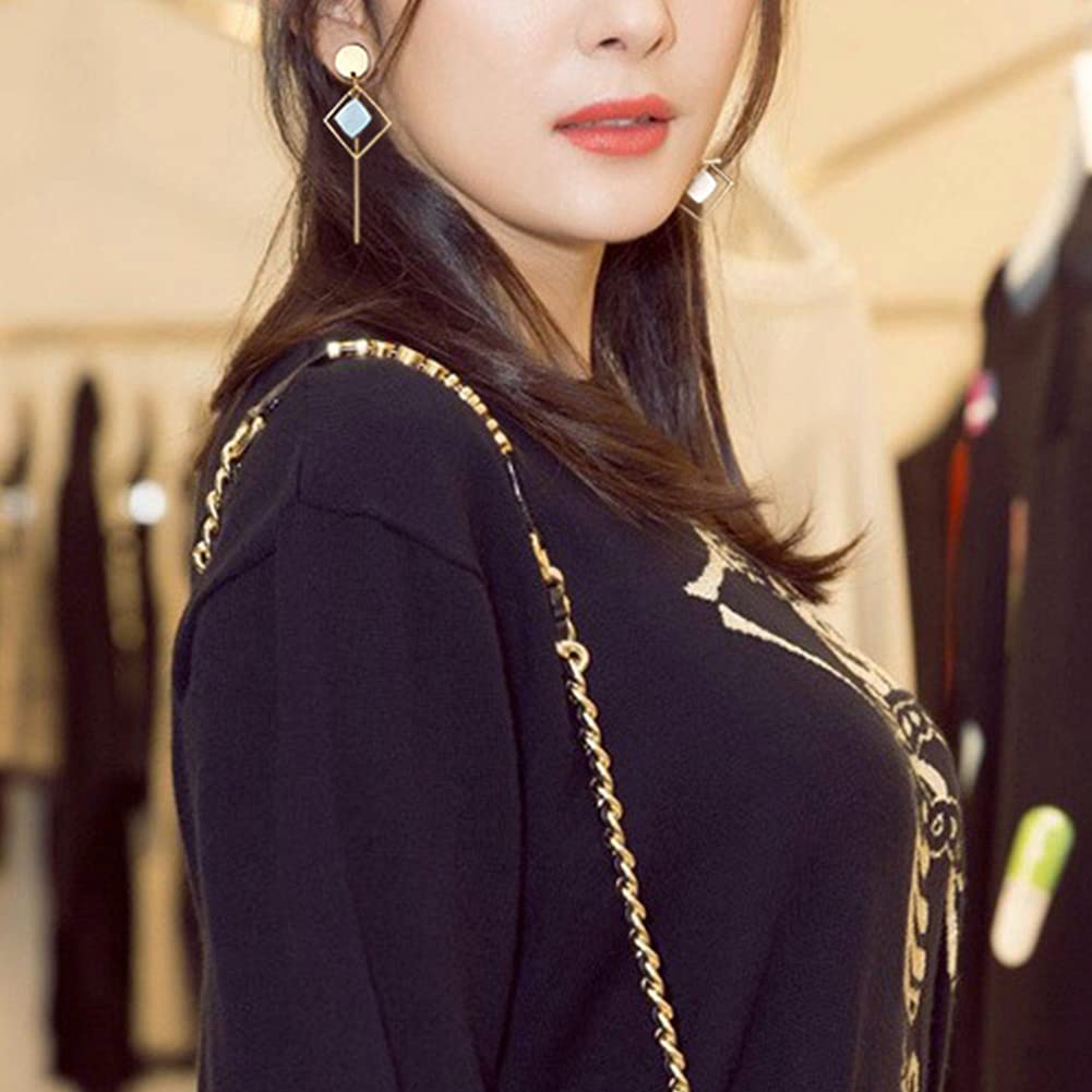 Geometric Asymmetric Triangle Long Bar Chain Tassel Dangle Earrings for Women - Pearl Shell Round Disc Fringe Drop Earrings Fashion Jewelry - Perfect for Parties, Weddings & Everyday Wear