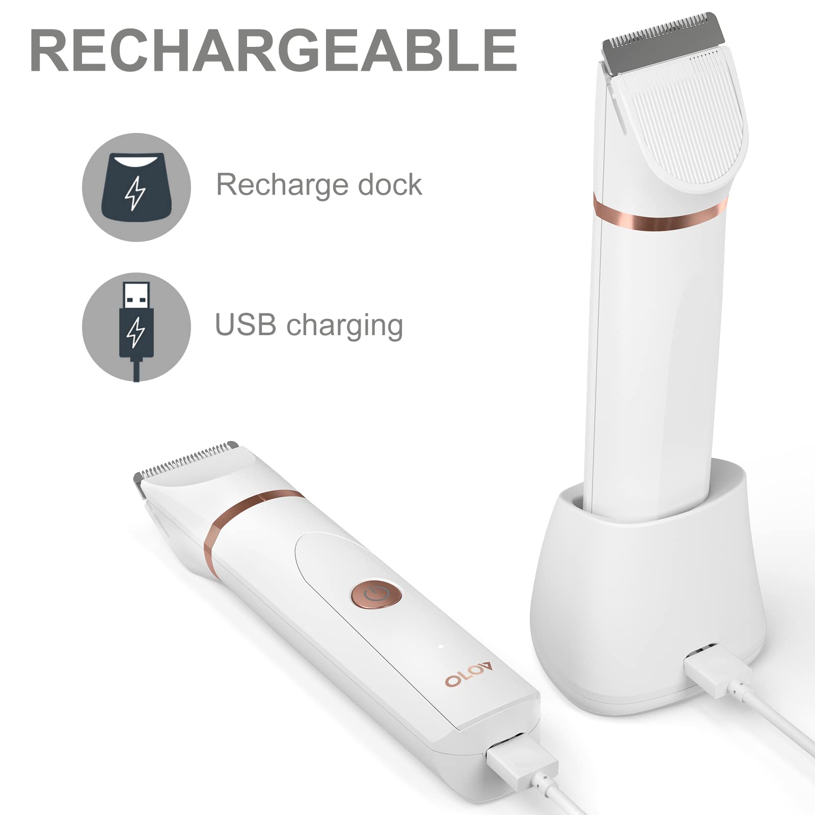 OLOV Electric Body Hair Trimmer for Men & Women - Waterproof Wet/Dry Groin & Bikini Trimmer with Replaceable Ceramic Blades, USB Rechargeable - Perfect for Travel, Gym & Personal Hygiene Care (White)